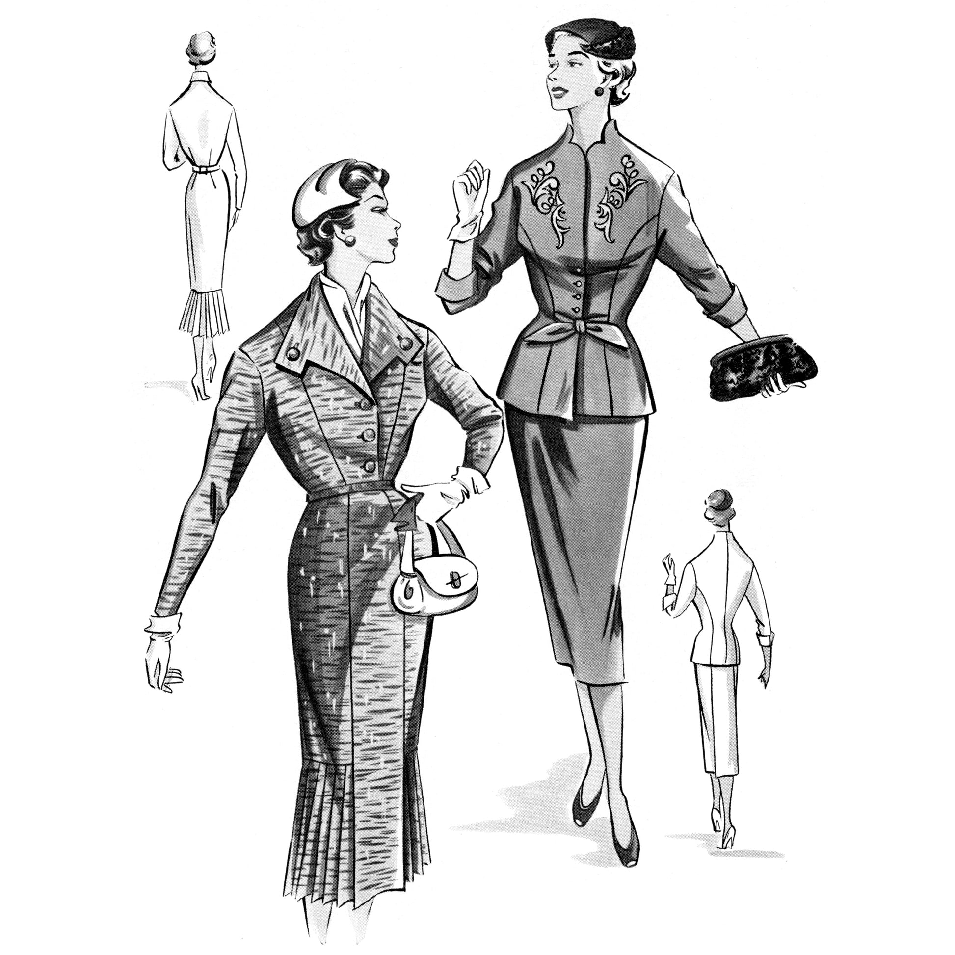 Black and white illustration of vintage women's fashion with dresses and accessories.