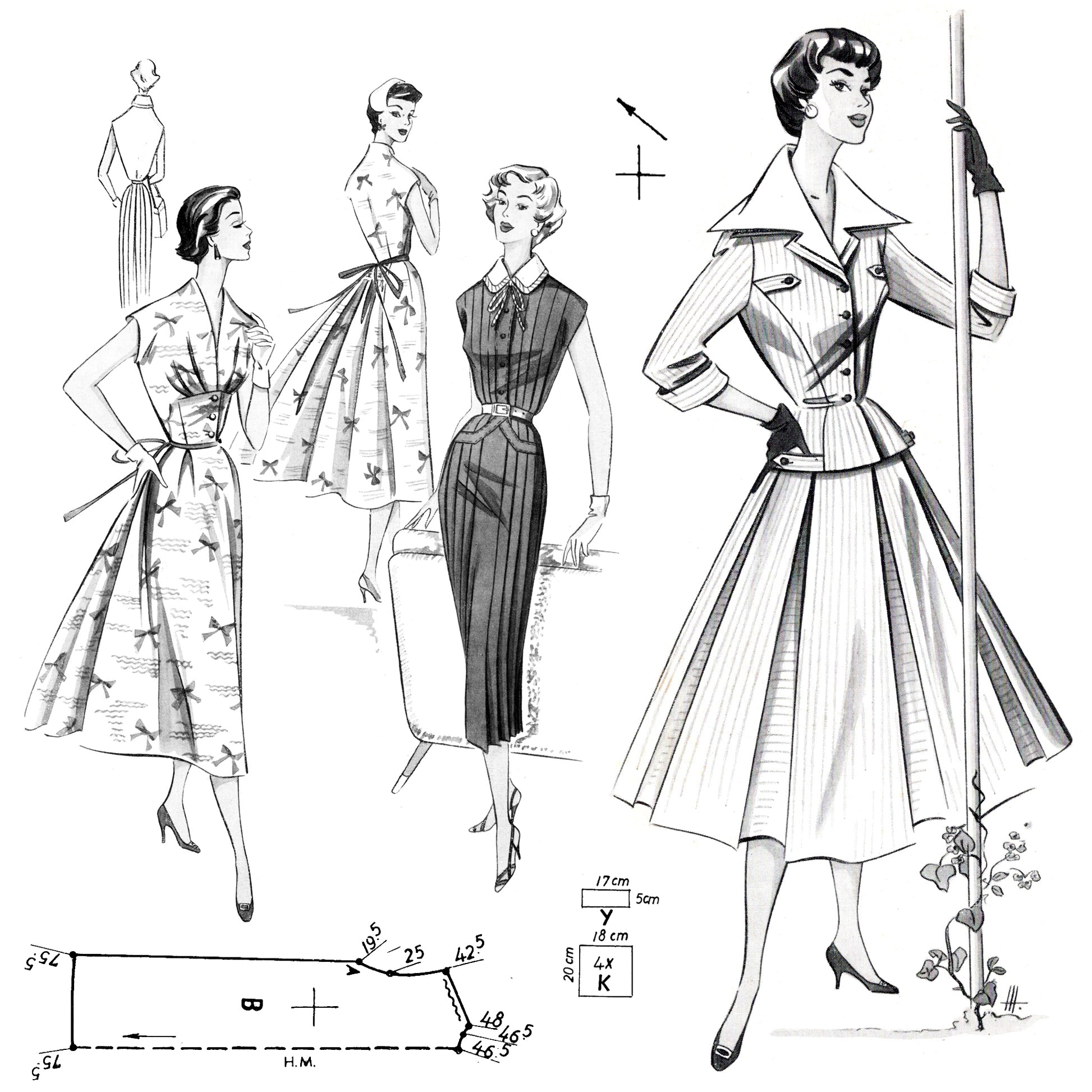 Vintage black and white fashion illustration of women wearing different 1950s outfits.