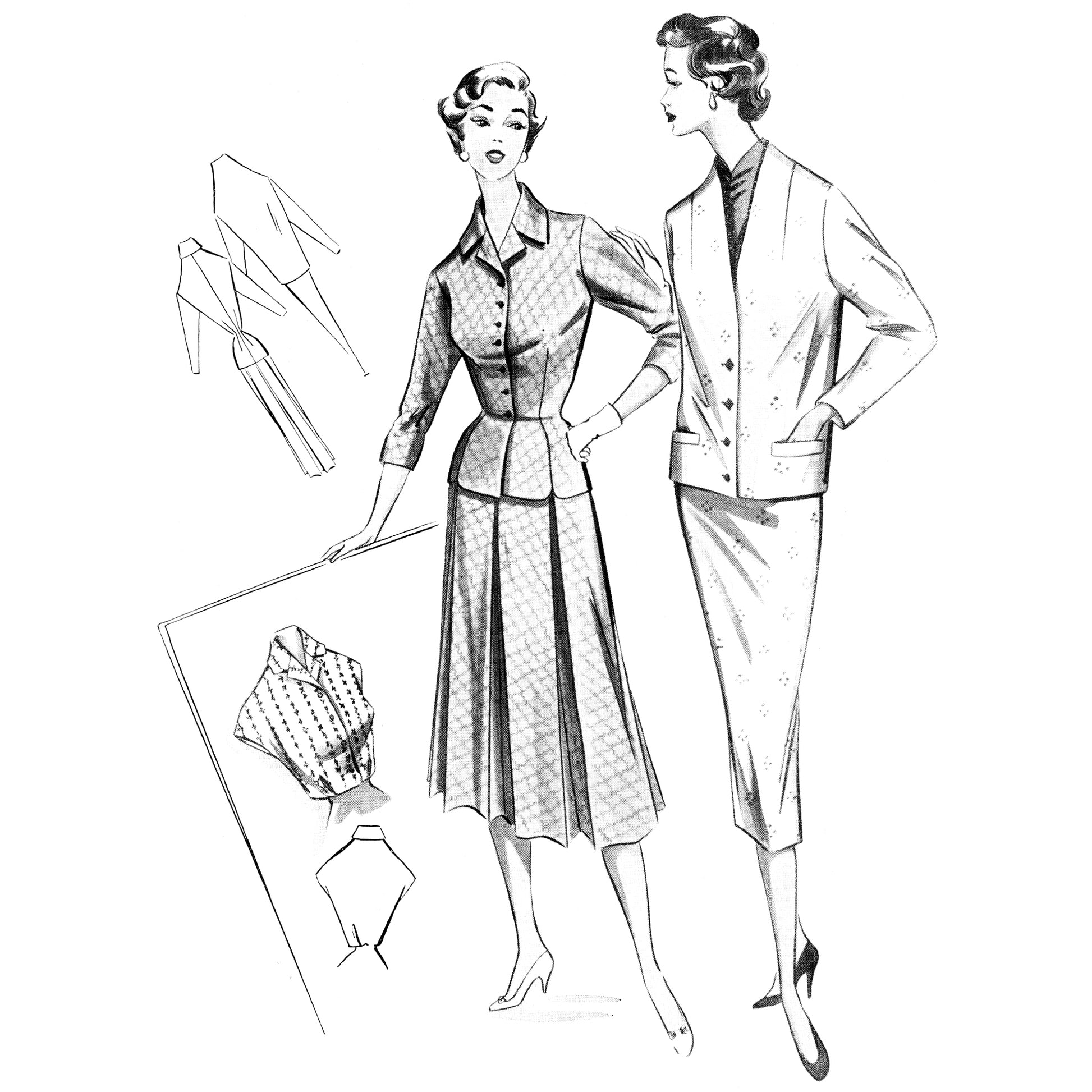 Vintage black and white illustration of two women wearing tailored skirt suits.