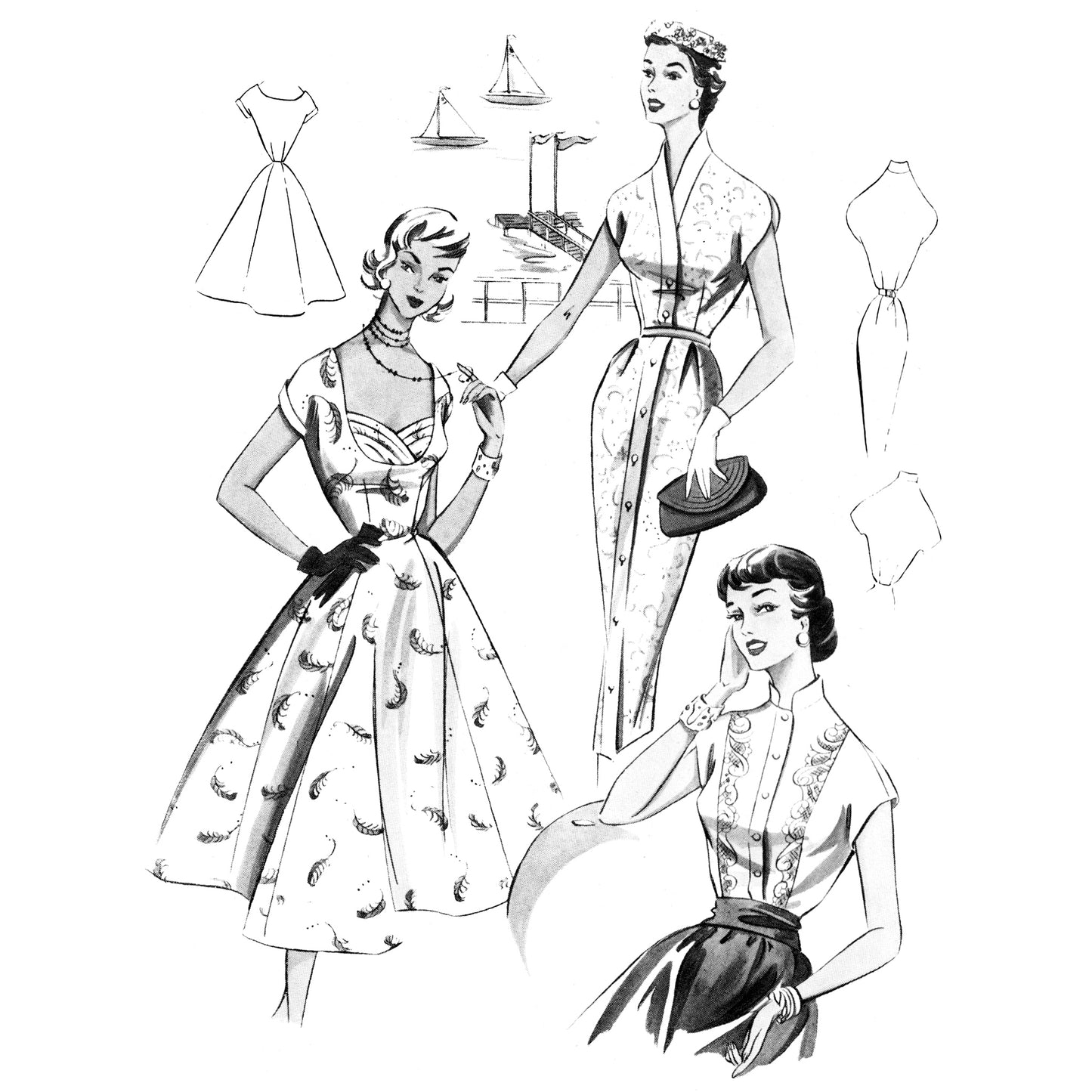 Black and white illustration of women wearing vintage dresses with patterned details.