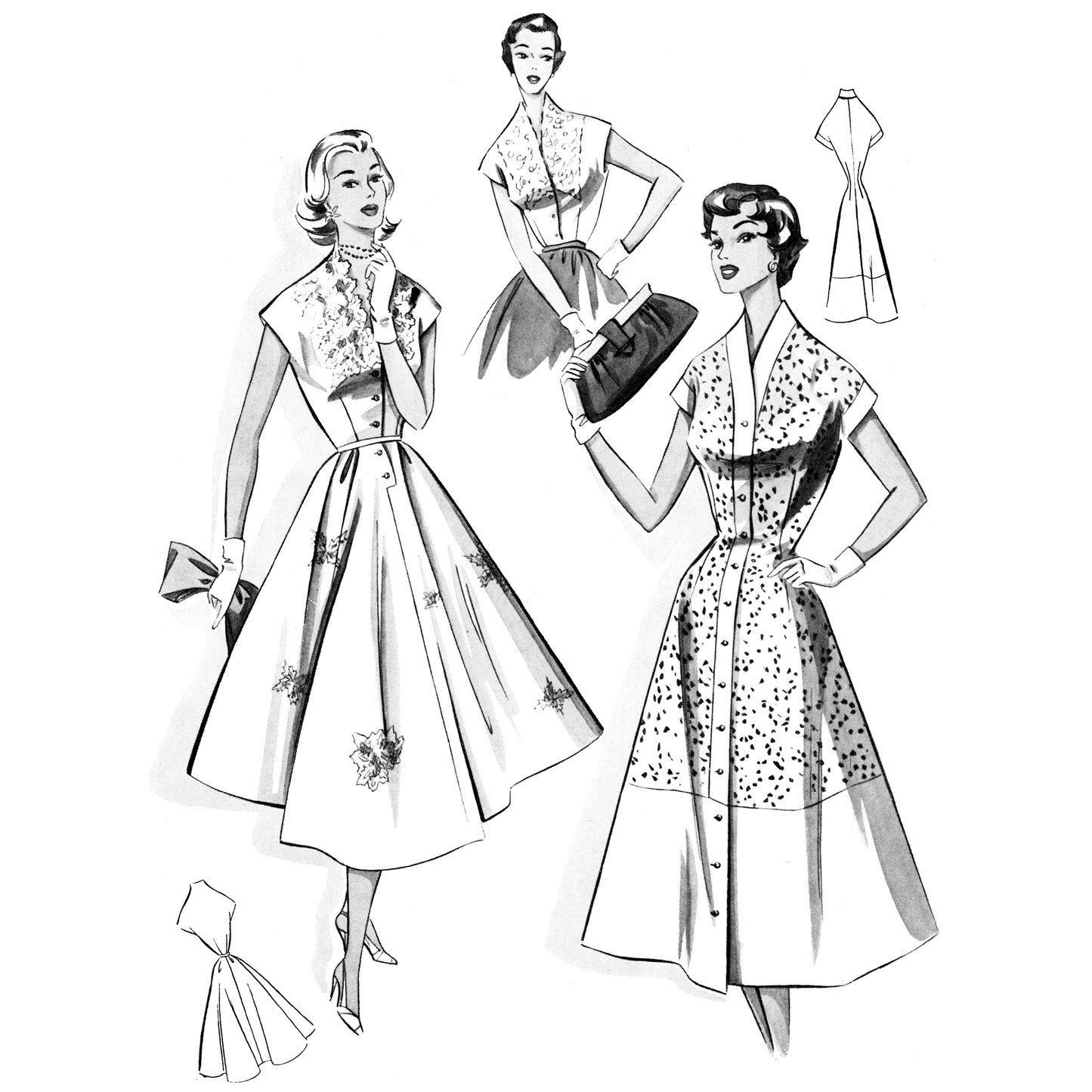 Vintage fashion illustration of three women wearing dresses with patterns and accessories.
