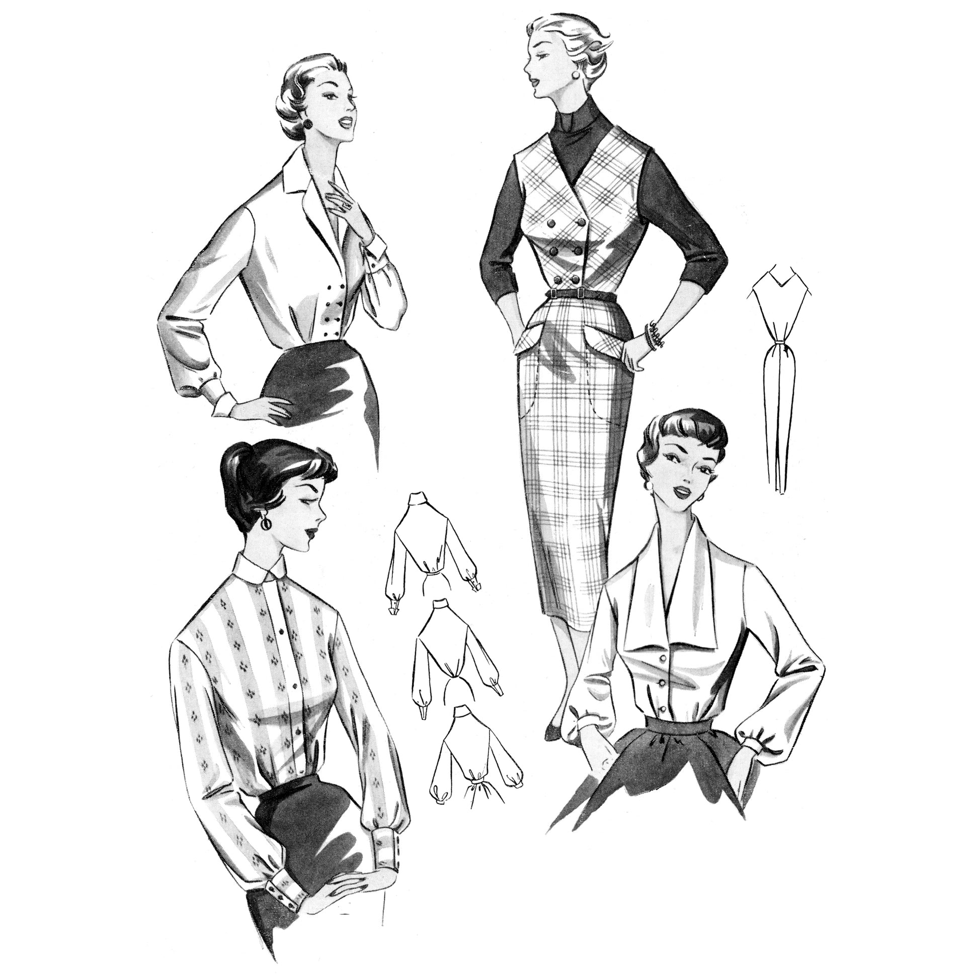 Vintage fashion illustrations of women's clothing with a focus on blouses and skirts.