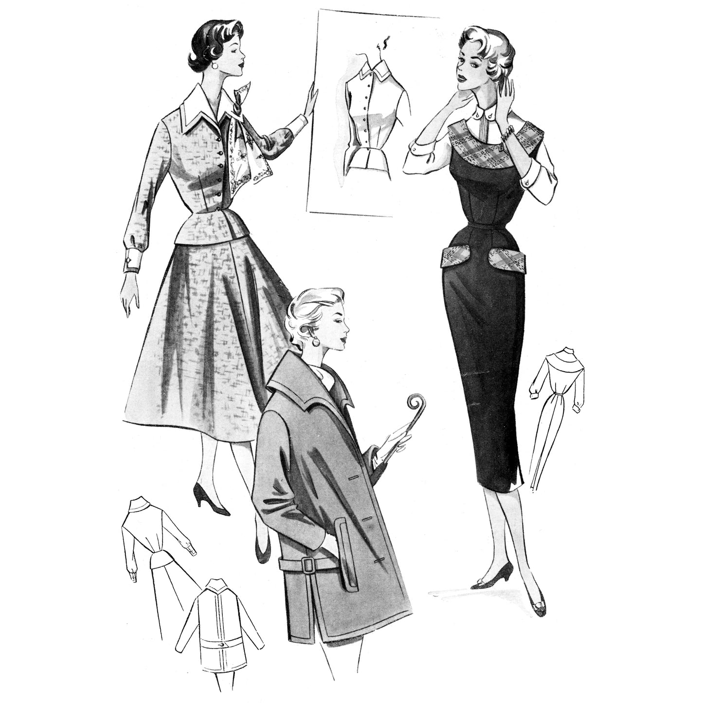Vintage fashion illustrations of women wearing different 1950s outfits.