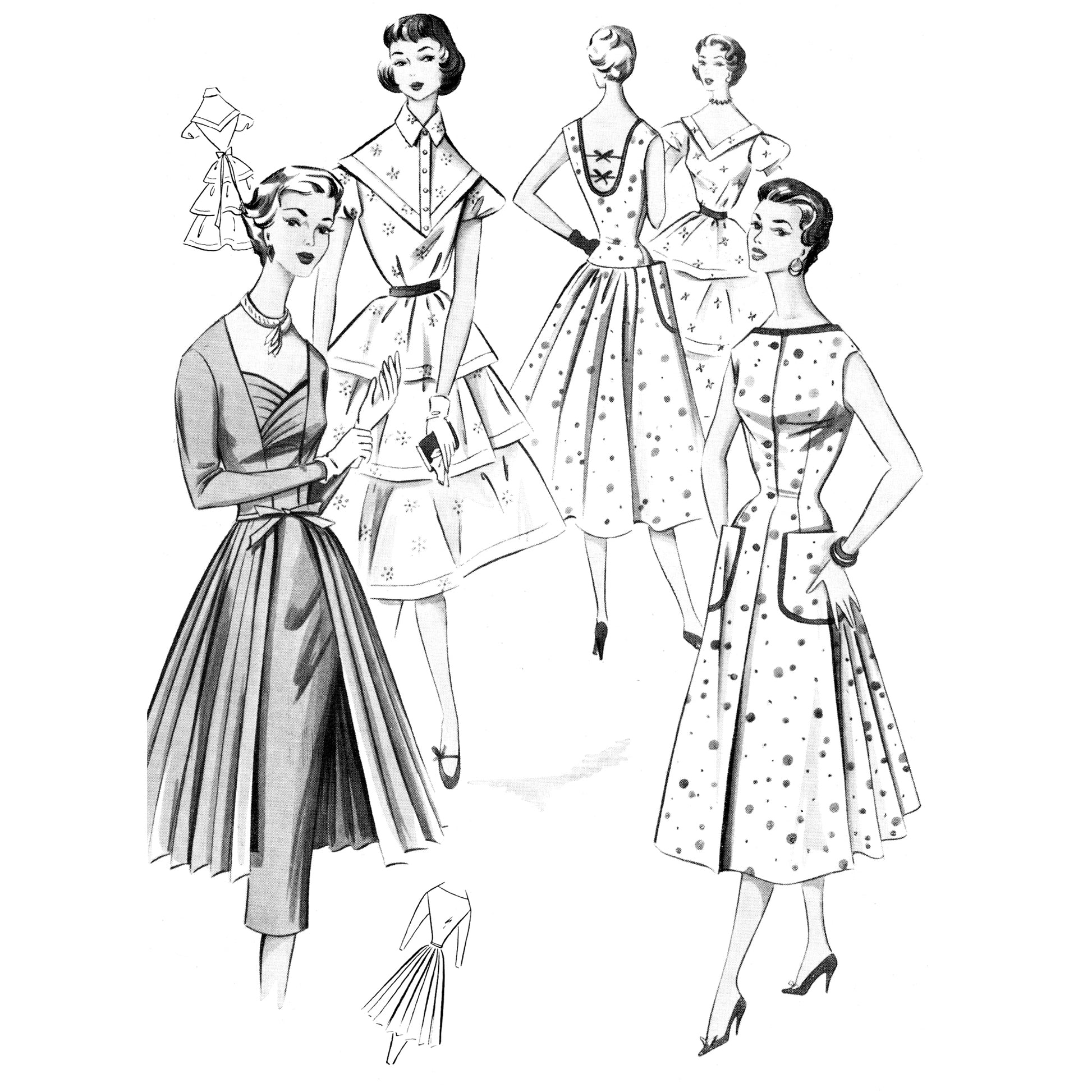 Black and white illustration of 1950s cocktail dresses.
