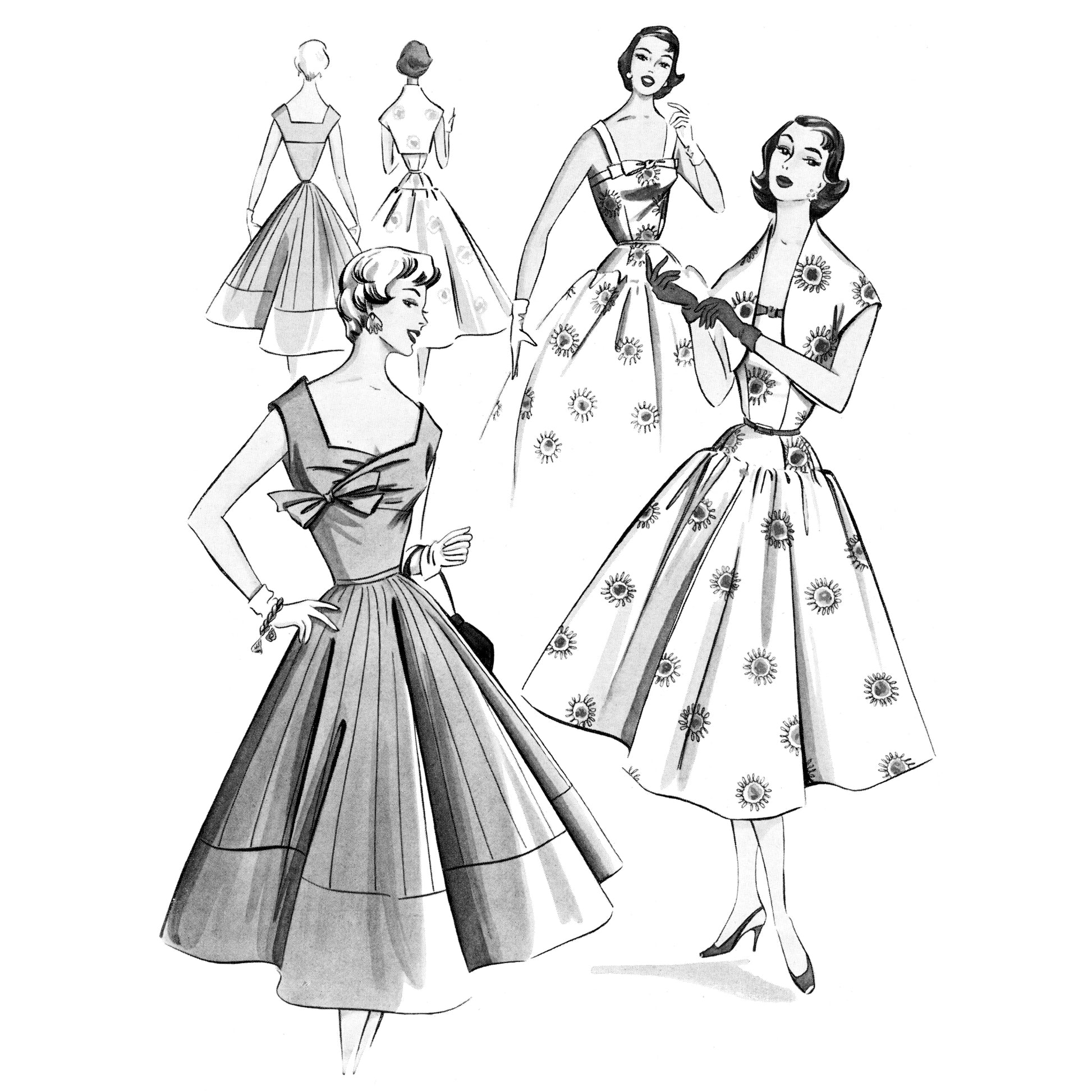 Black and white illustration of vintage dresses with floral patterns on a white background
