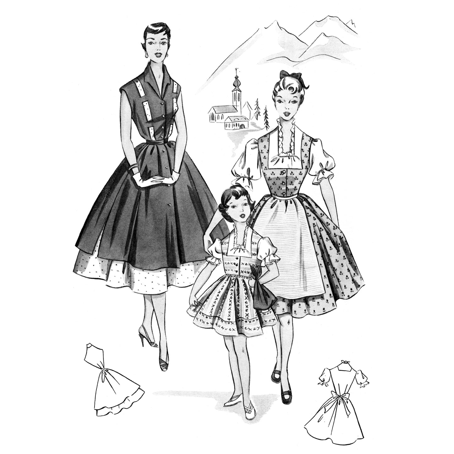 Black and white illustration of women and a child in vintage dresses with patterned aprons.