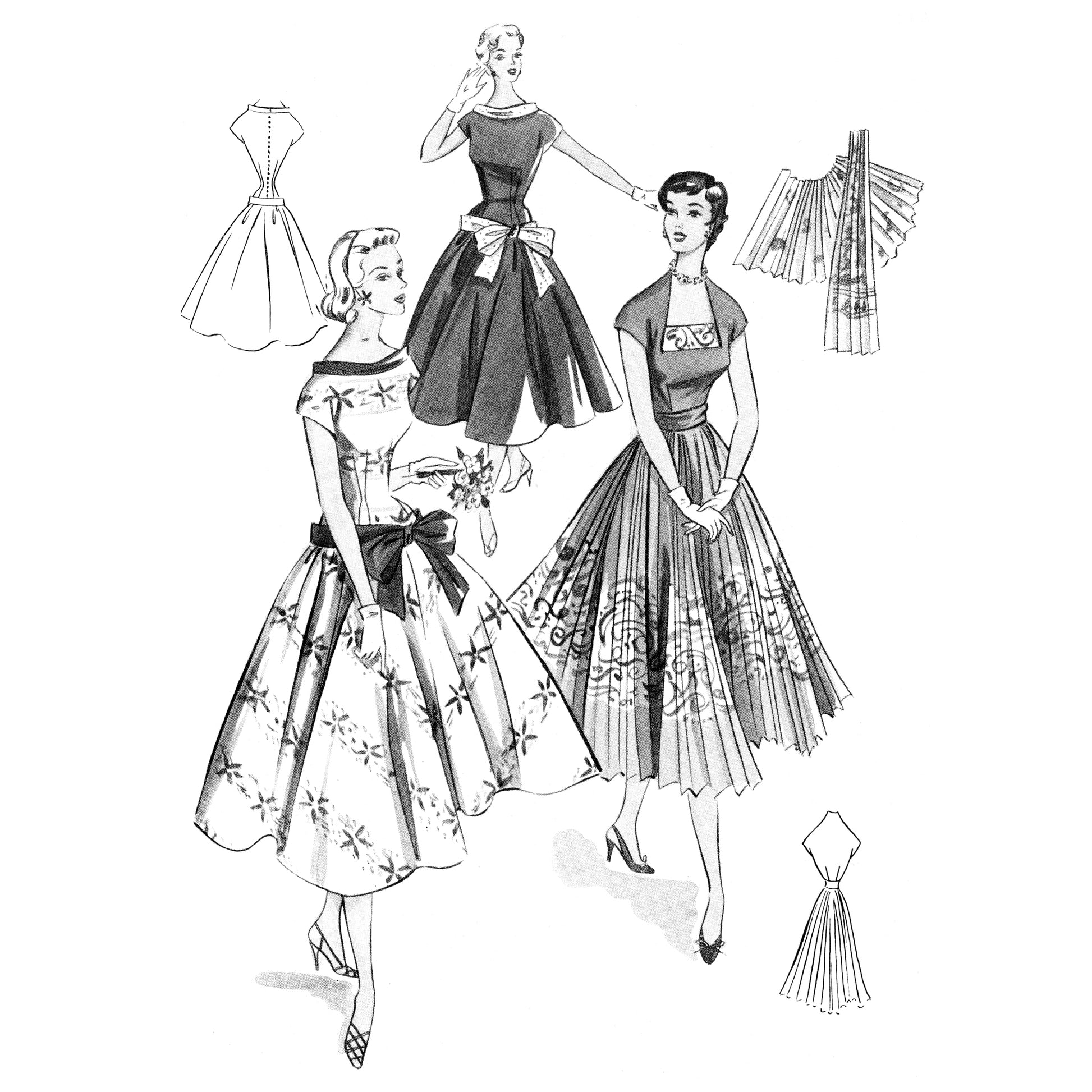 Black and white illustration of three women wearing 1950s party dresses.