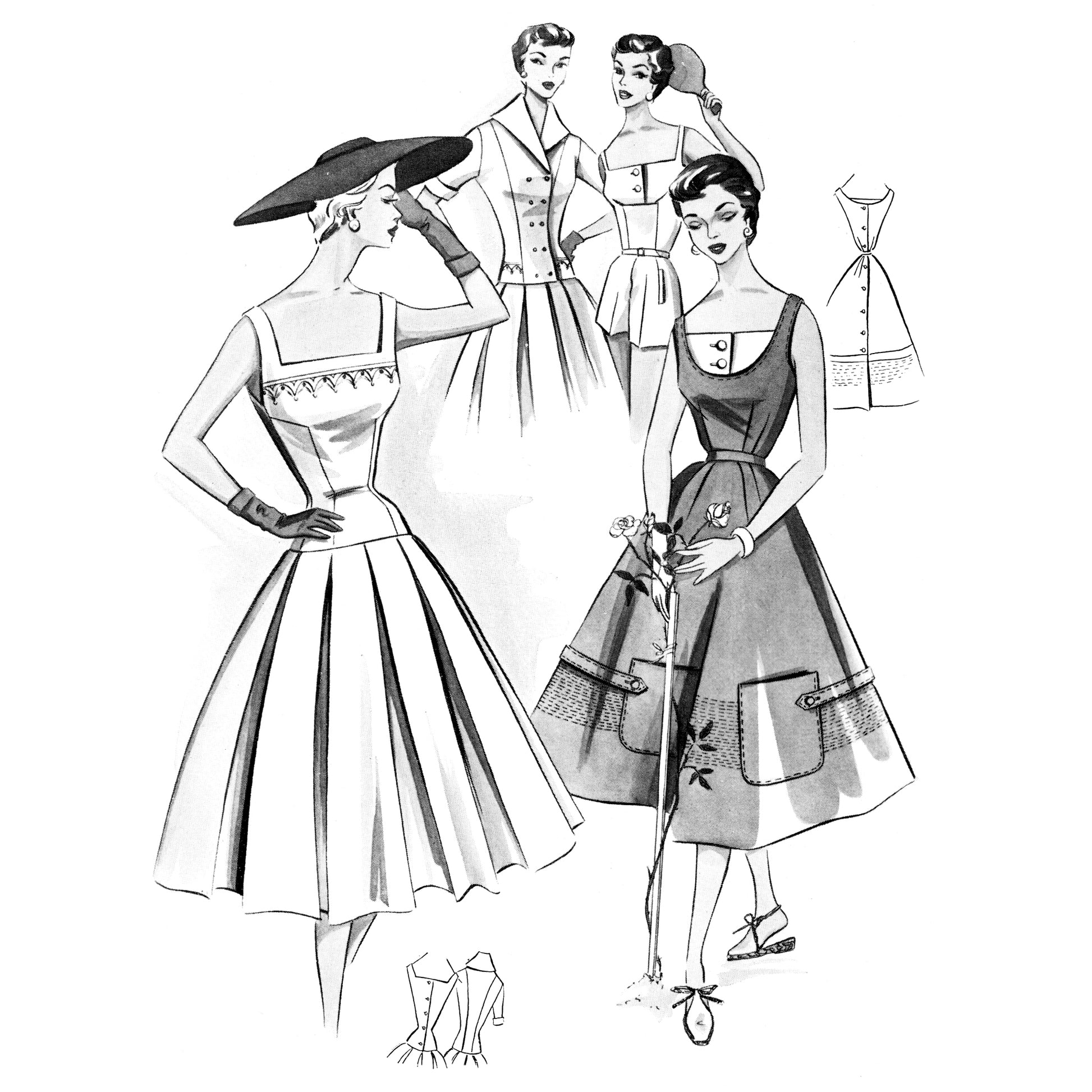 Black and white illustration of vintage women's fashion with dresses and accessories.
