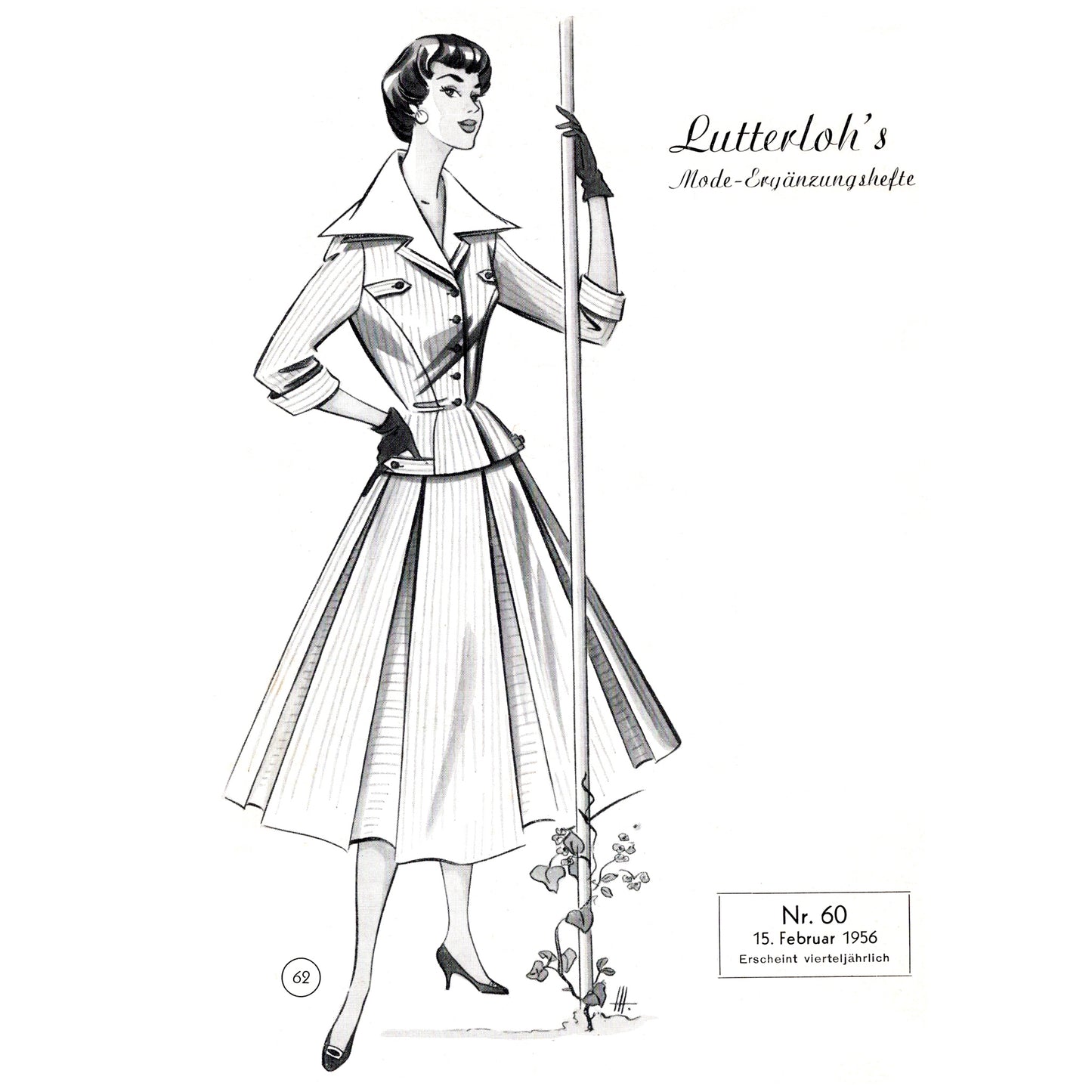 Black and white illustration of a woman in a vintage outfit with text 'Lutterloh's' on a white background.