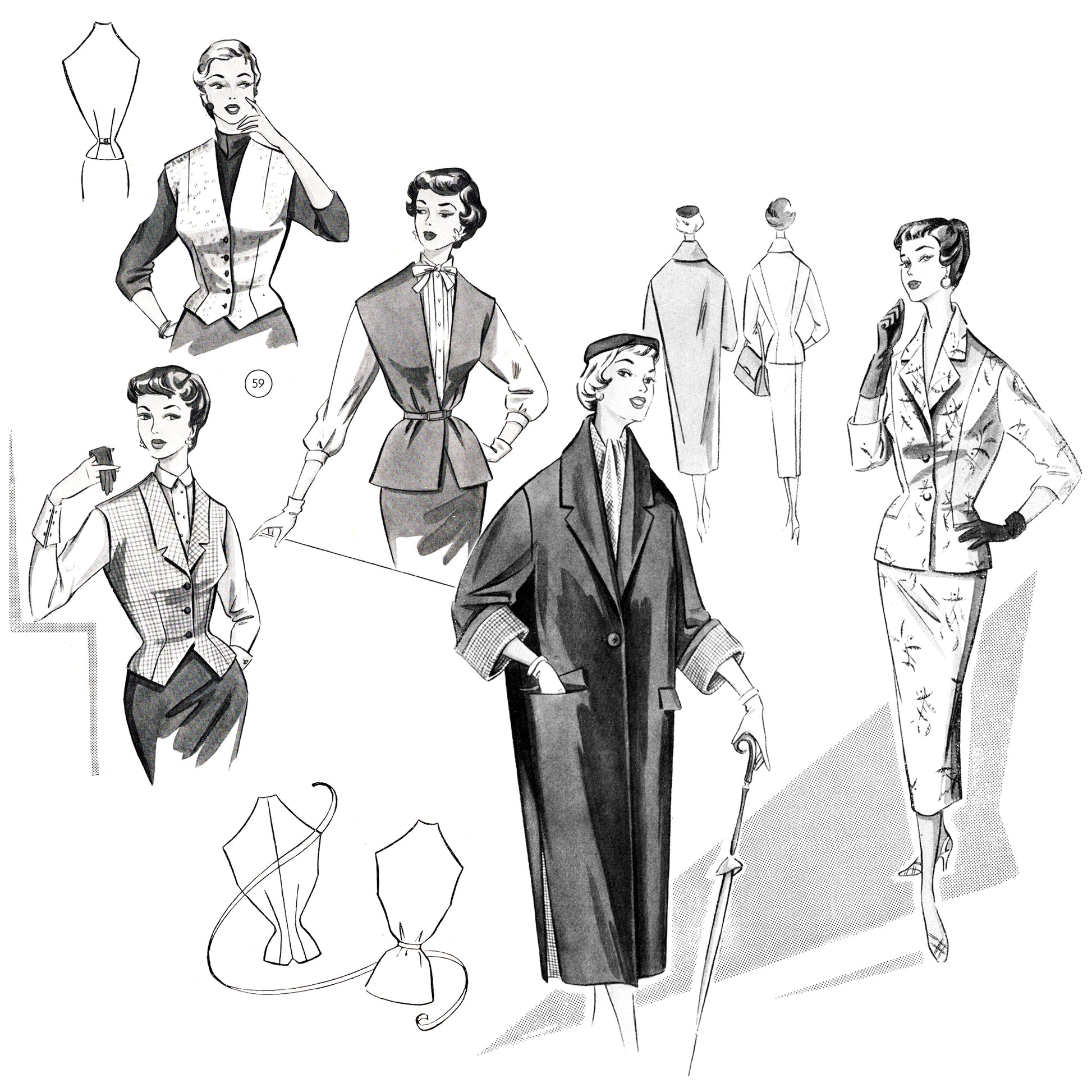 Vintage black and white fashion illustrations of women's clothing