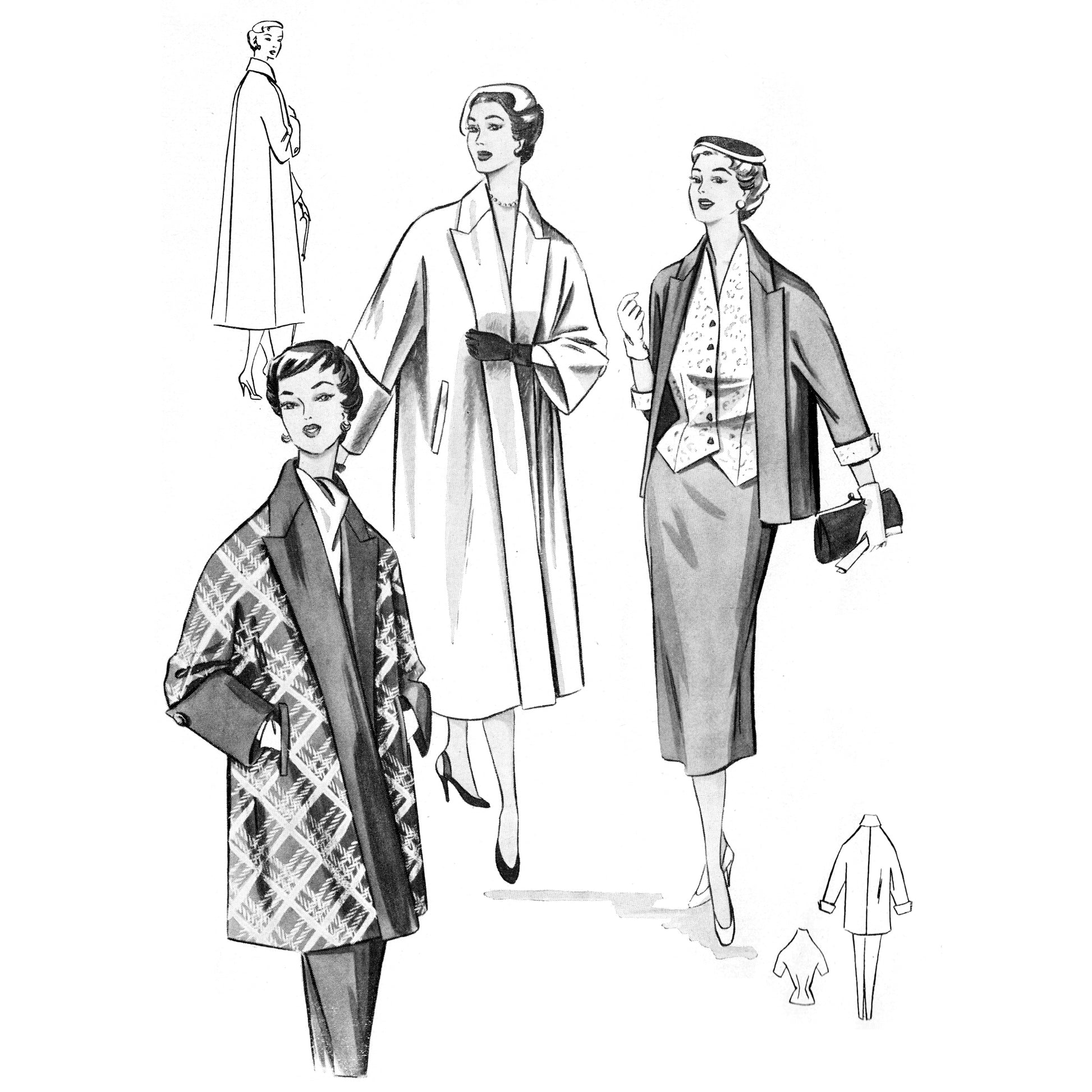 Vintage fashion illustrations of women wearing different 1950s coats and suits.