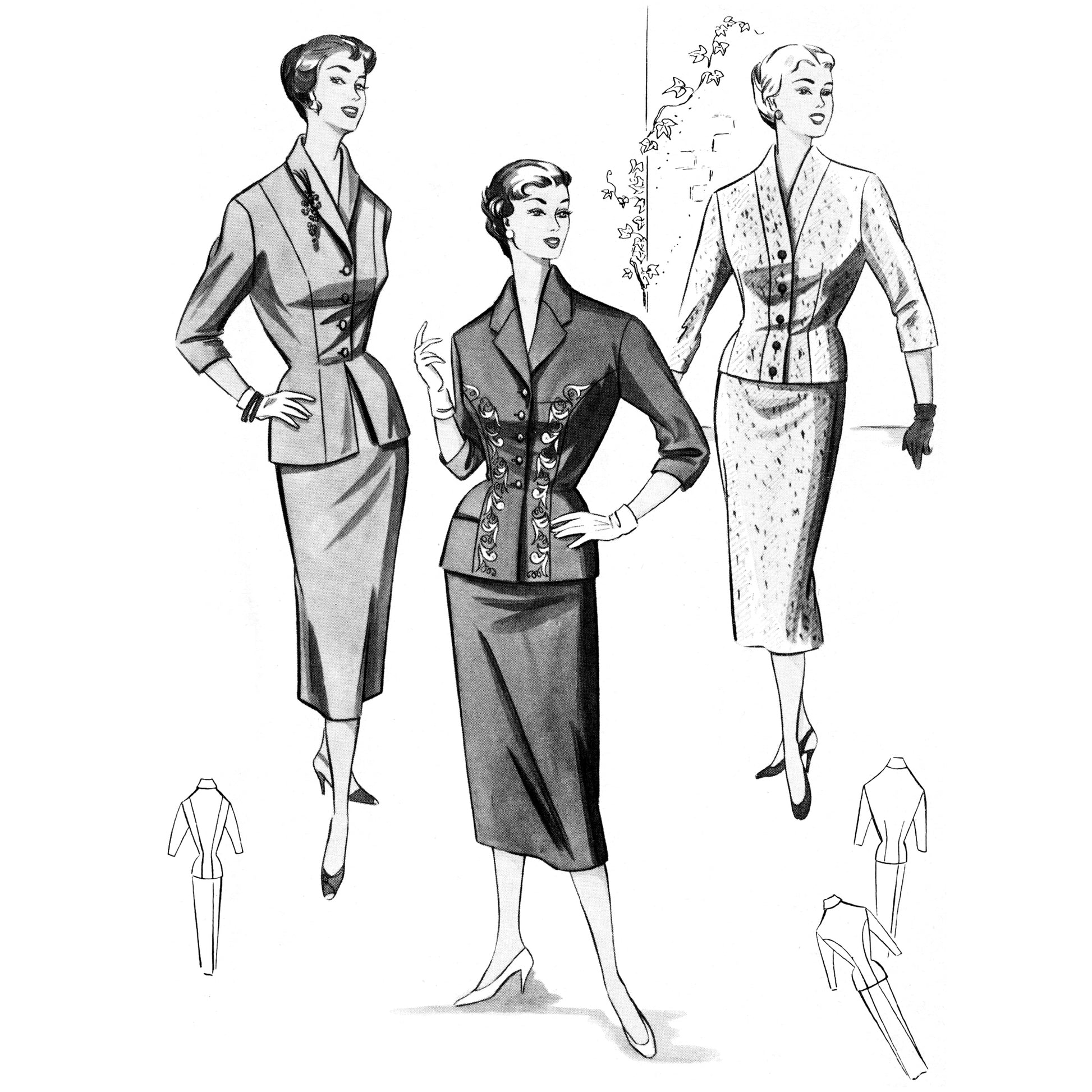 Vintage fashion illustration of three women wearing suits with detailed patterns.