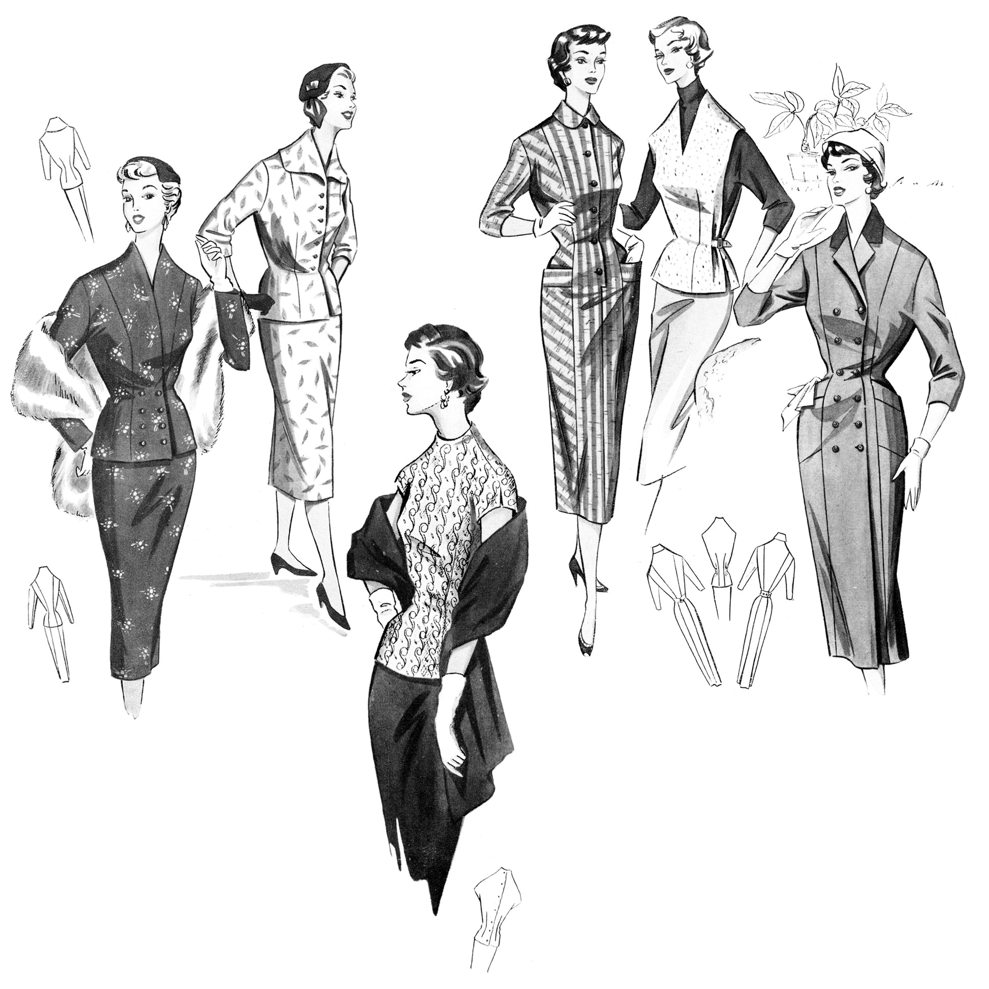 Black and white illustration of vintage women's clothing patterns