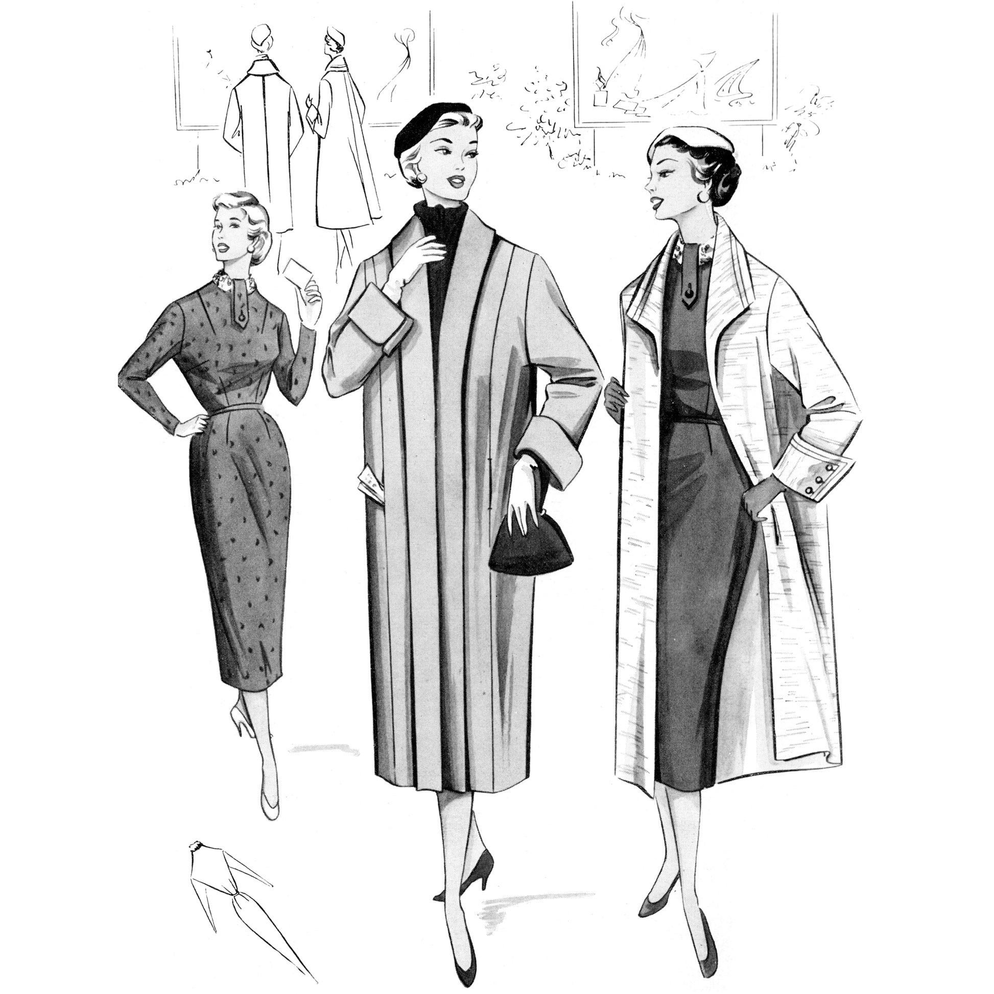 Black and white illustration of three women wearing vintage coats and dresses.