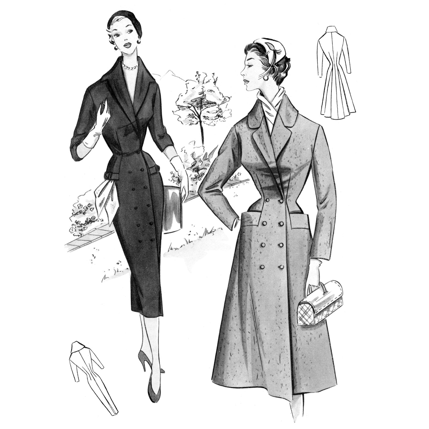 Black and white illustration of two women wearing vintage coats with patterned background
