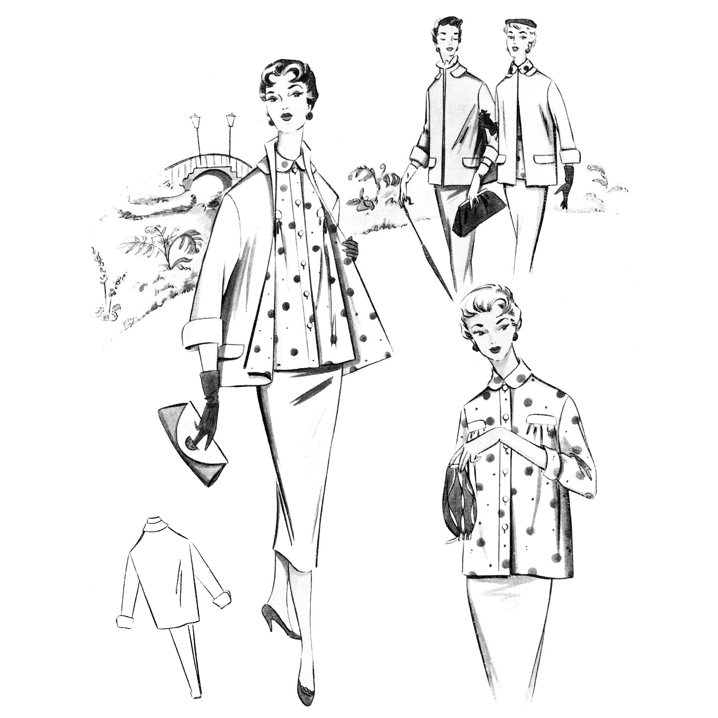 Vintage fashion illustration of a woman wearing a maternity jacket and skirt set with additional views and details.