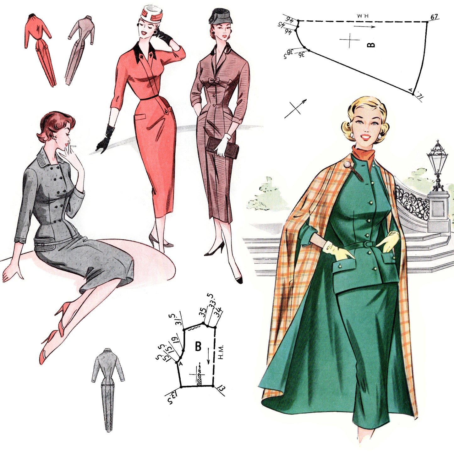 Vintage fashion illustration with women in different outfits and pattern templates.