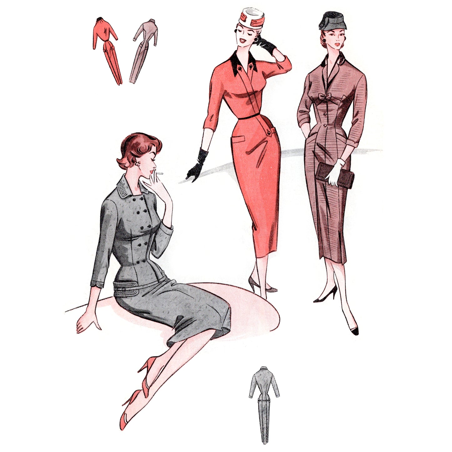 Vintage fashion illustrations of women in different fitted dresses on a white background