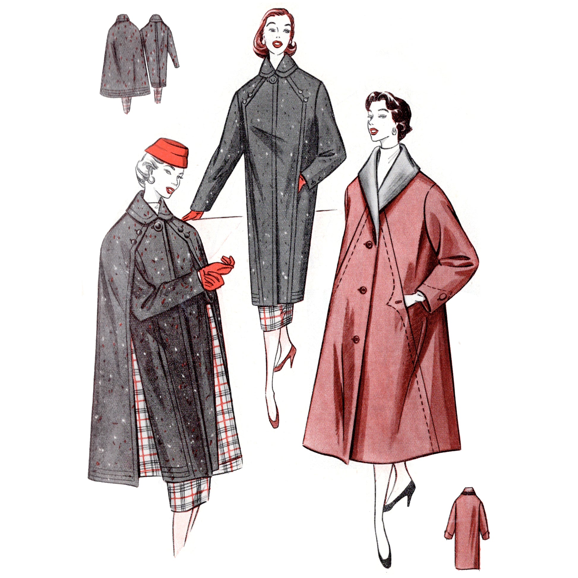 Illustration of women wearing vintage coats with a white background