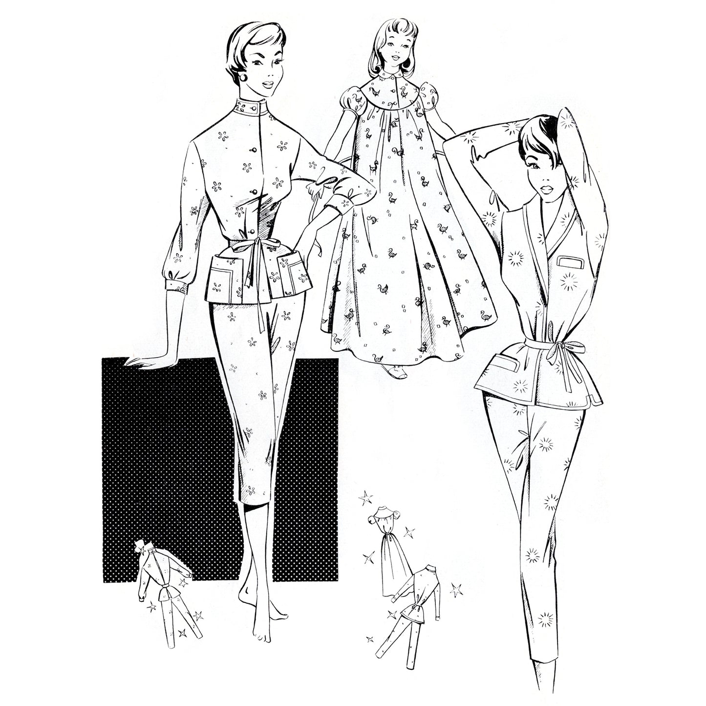 Vintage-style fashion illustrations of women's lounge wear on a white background