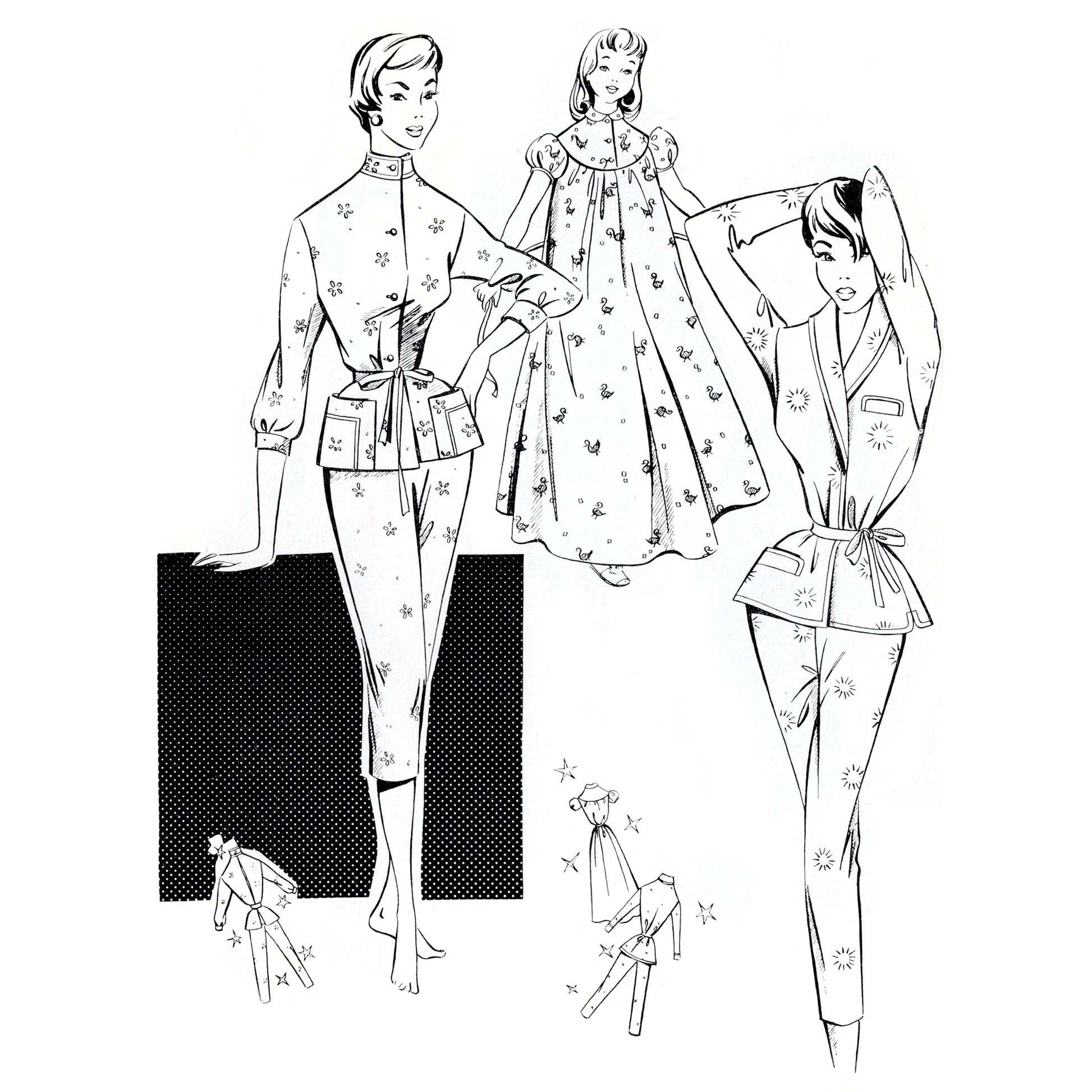 Vintage-style fashion illustrations of women's lounge wear on a white background