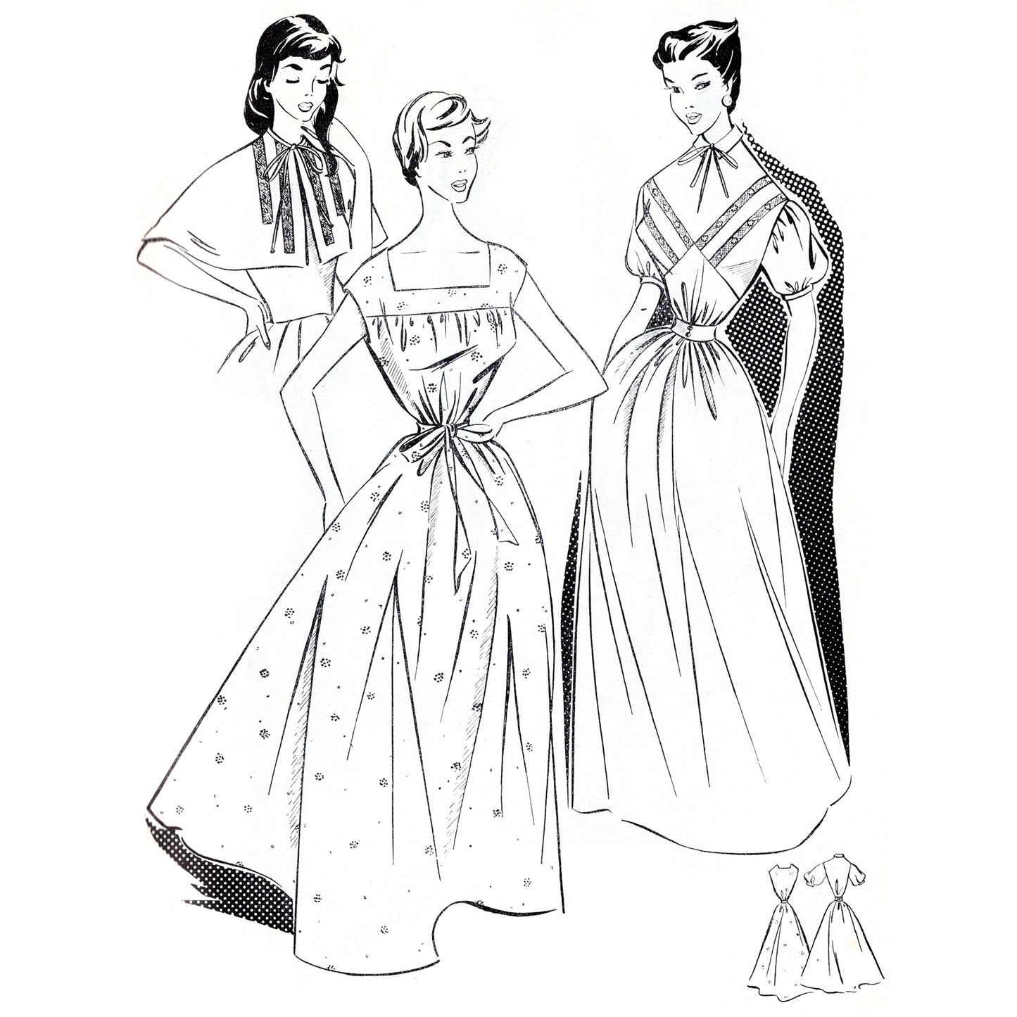 Black and white illustration of three women wearing vintage nightgowns with a small inset of a dress pattern.