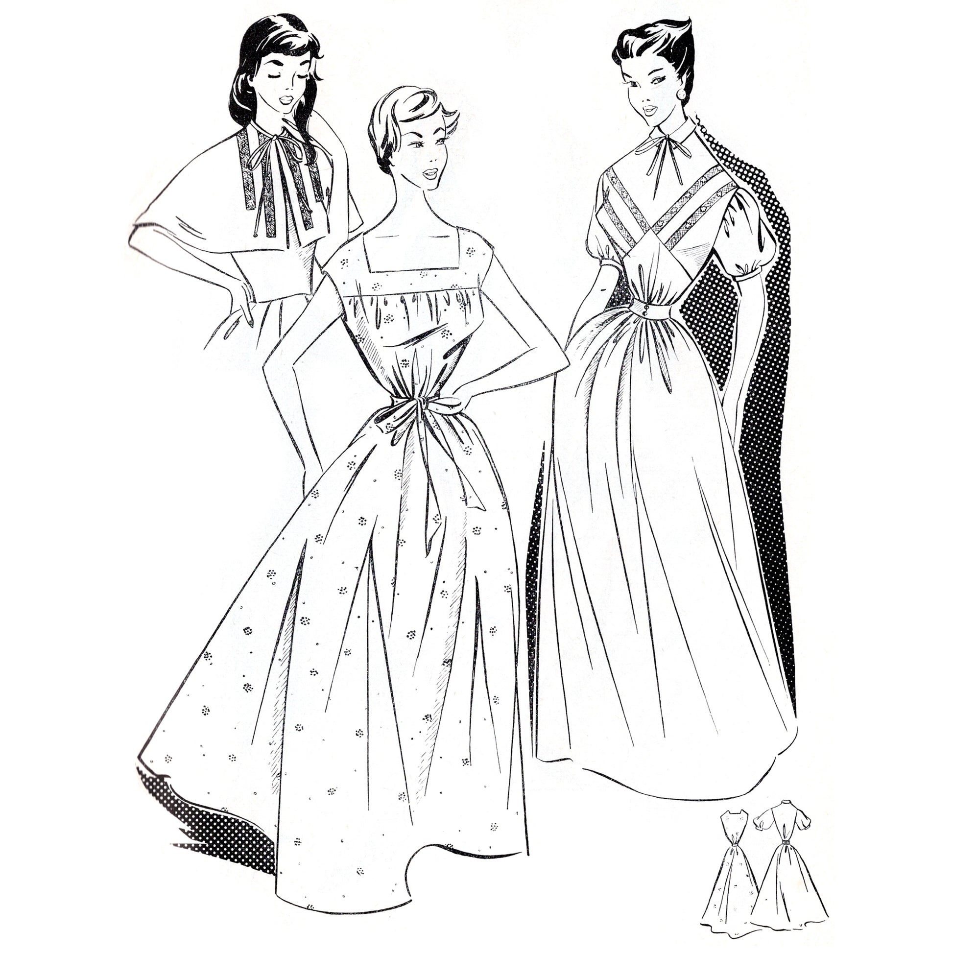 Black and white illustration of three women wearing vintage nightgowns with a small inset of a dress pattern.