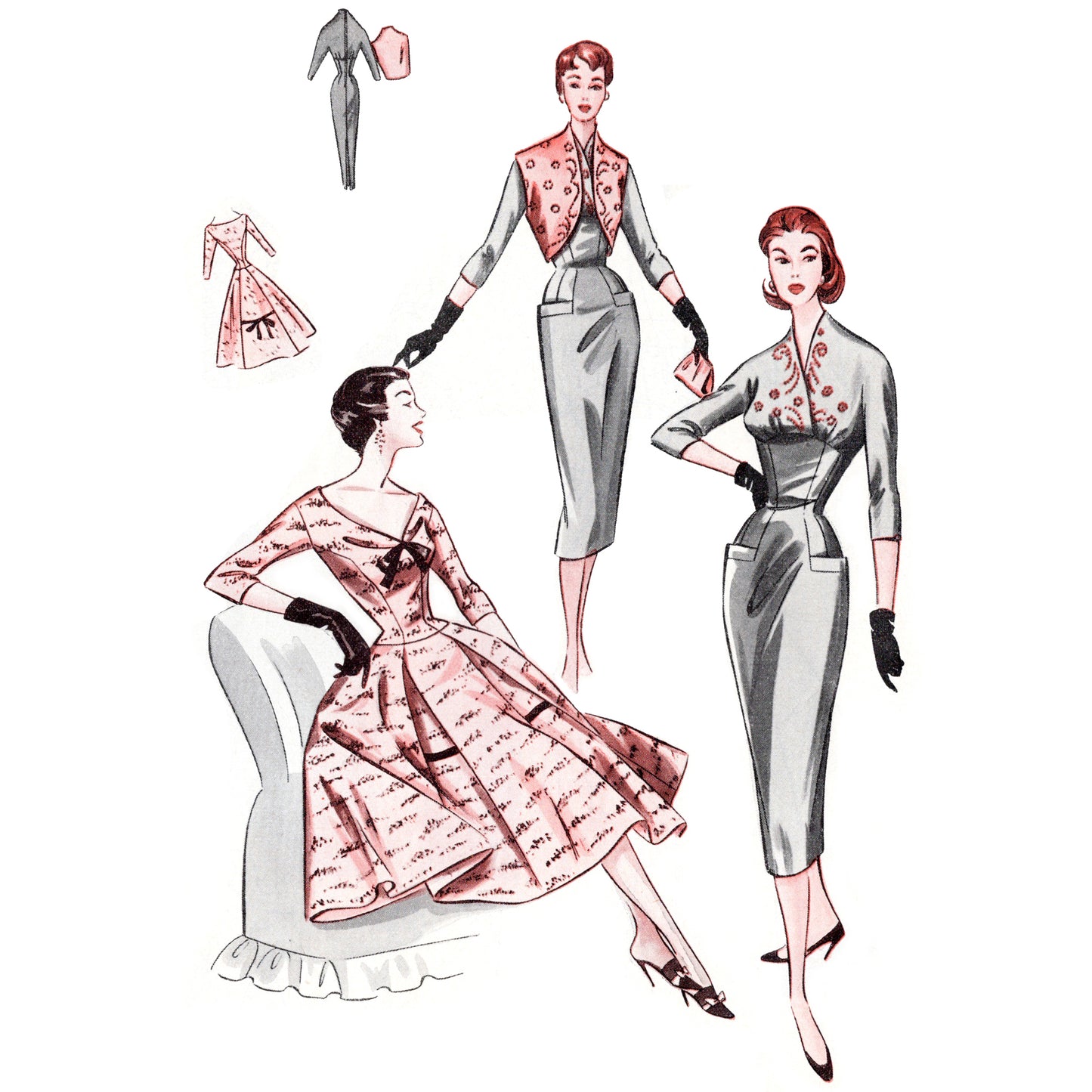 Vintage fashion illustration of a seated woman in a dress and two standing women wearing embroidered dresses.