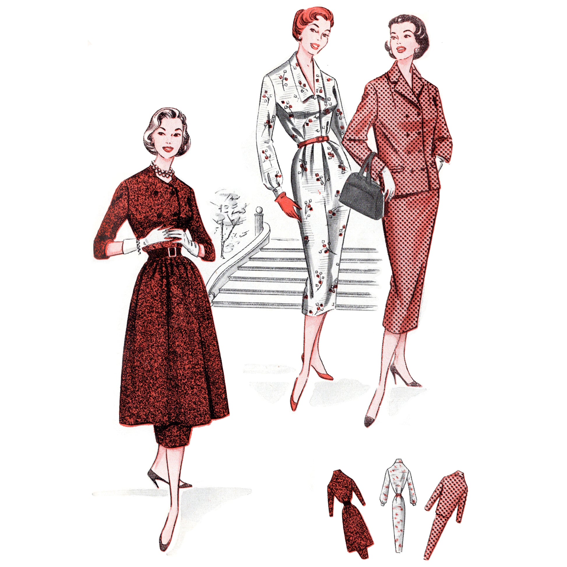 Vintage fashion illustration of three women in different outfits with a white background.