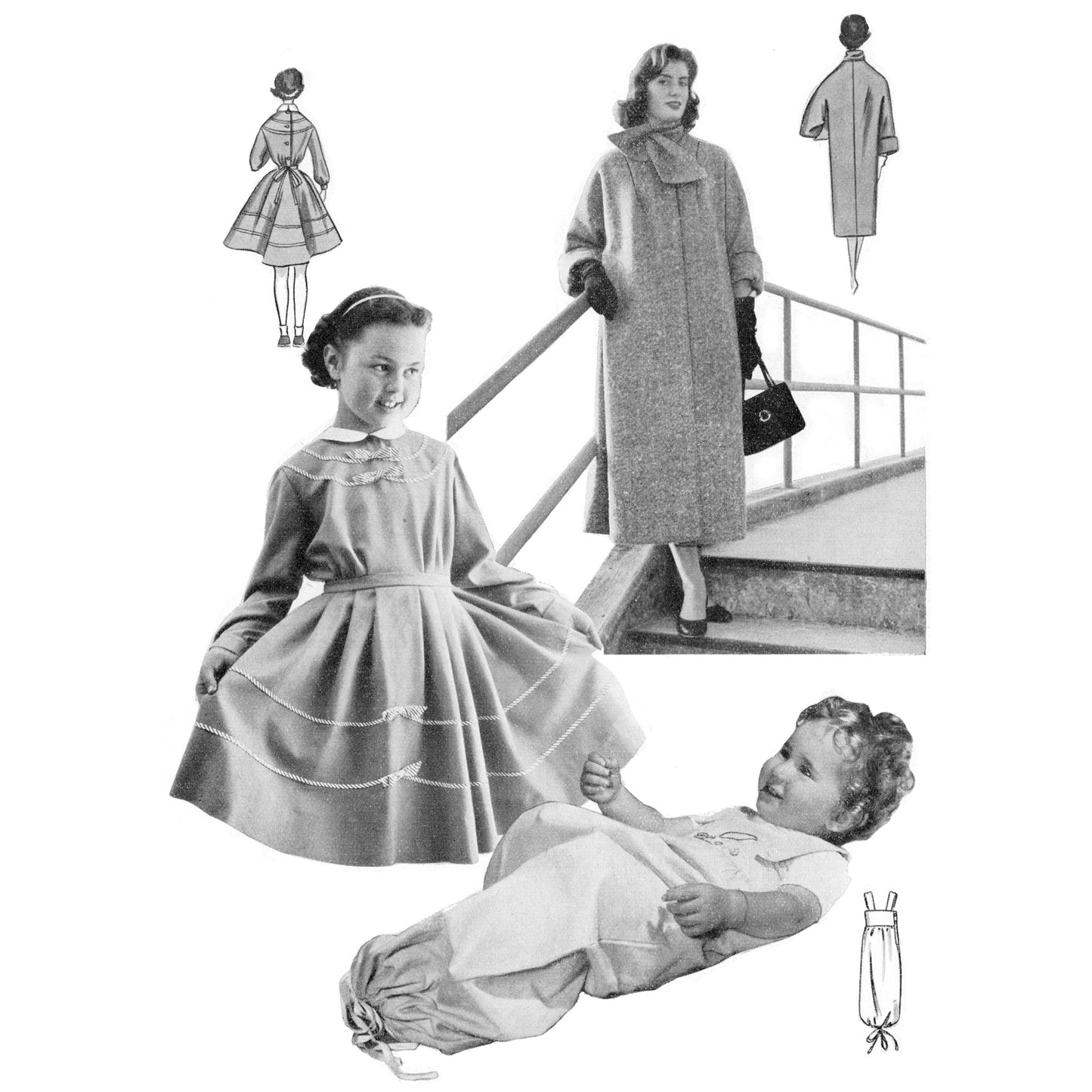 Black and white photo collage of a woman and two children wearing dresses.