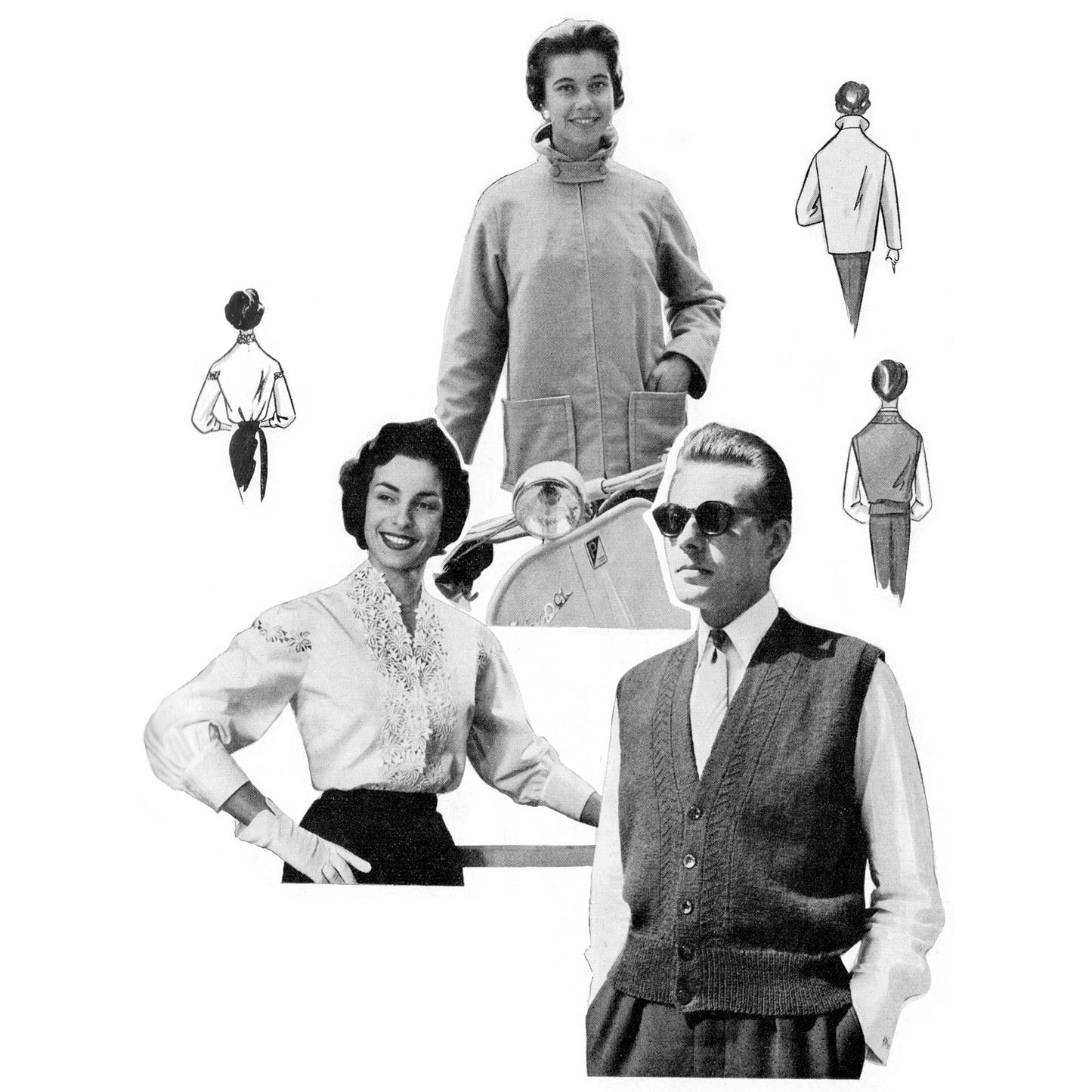Vintage black and white photo collage  of two women and a man in different outfits.