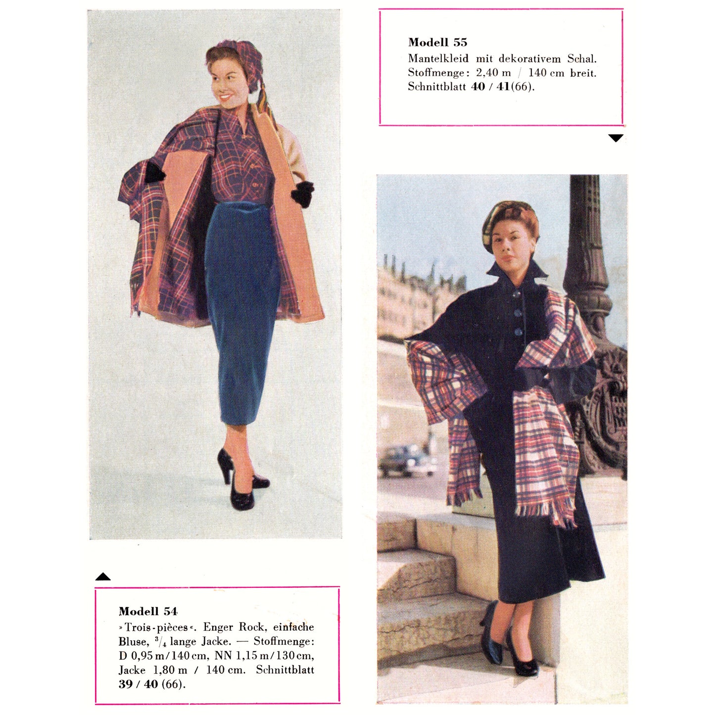 Vintage fashion spread with two women wearing plaid and dark clothing.