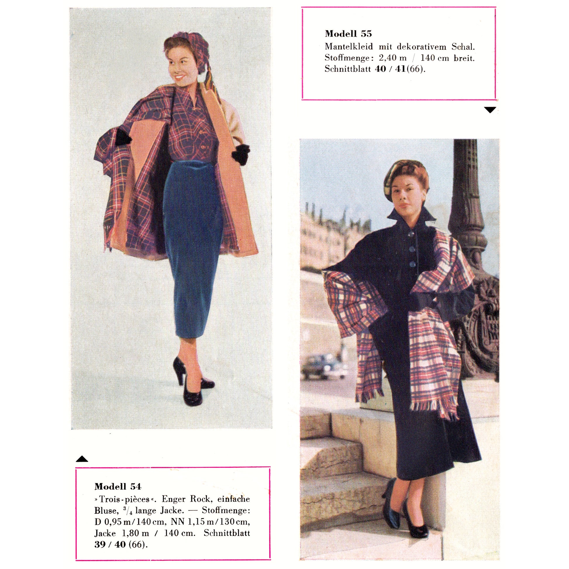 Vintage fashion spread with two women wearing plaid and dark clothing.