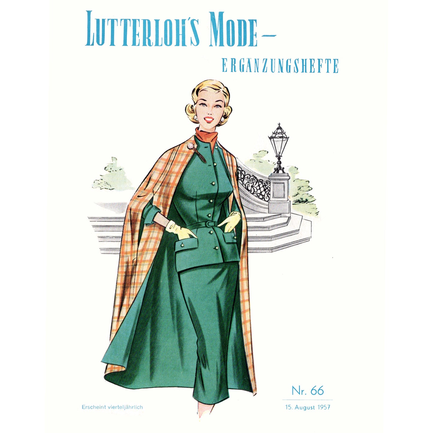 Vintage fashion illustration of a woman in a green outfit with a plaid cape, featuring 'Lutterloh's Mode' text.