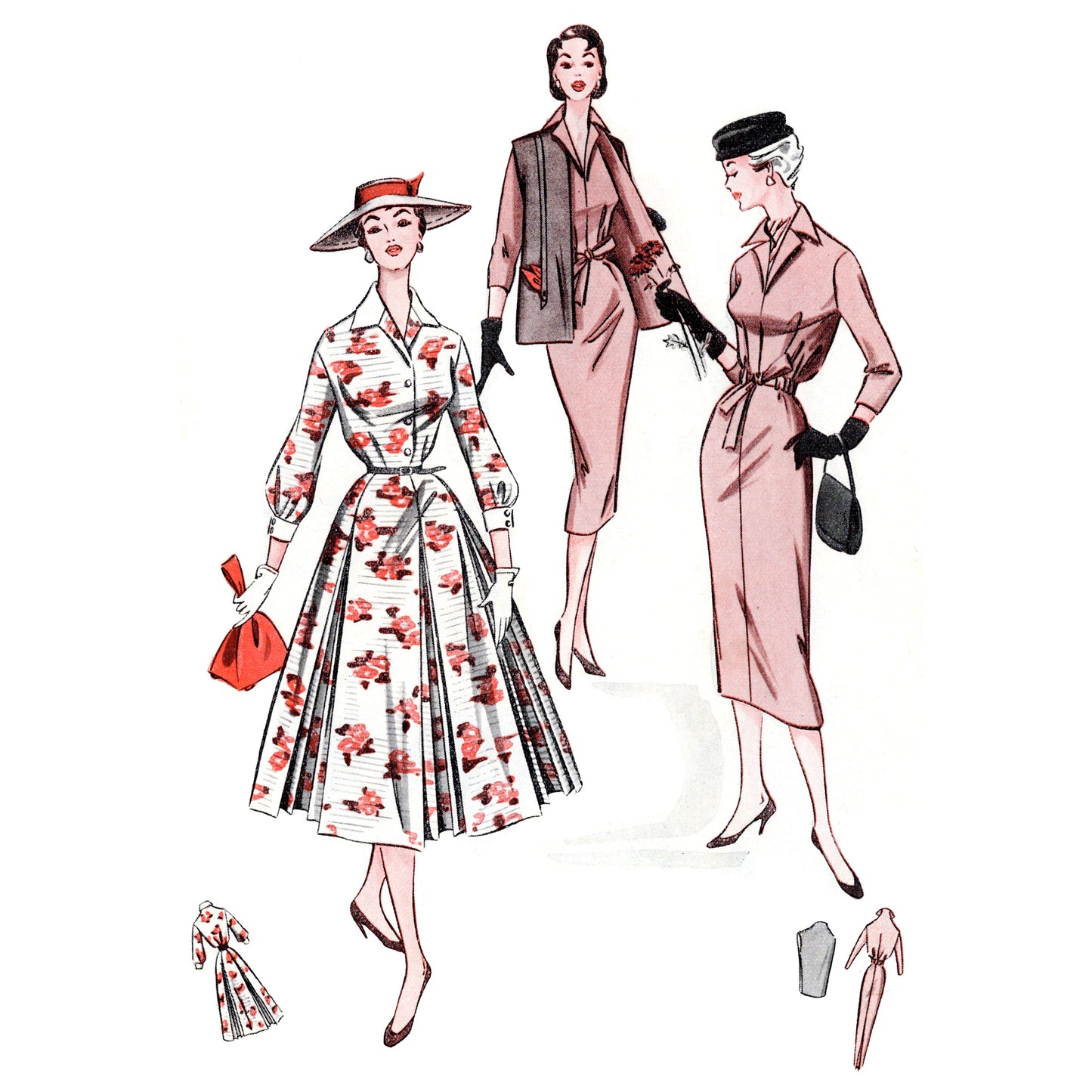 Vintage-style fashion illustration of three women in different outfits on a white background.