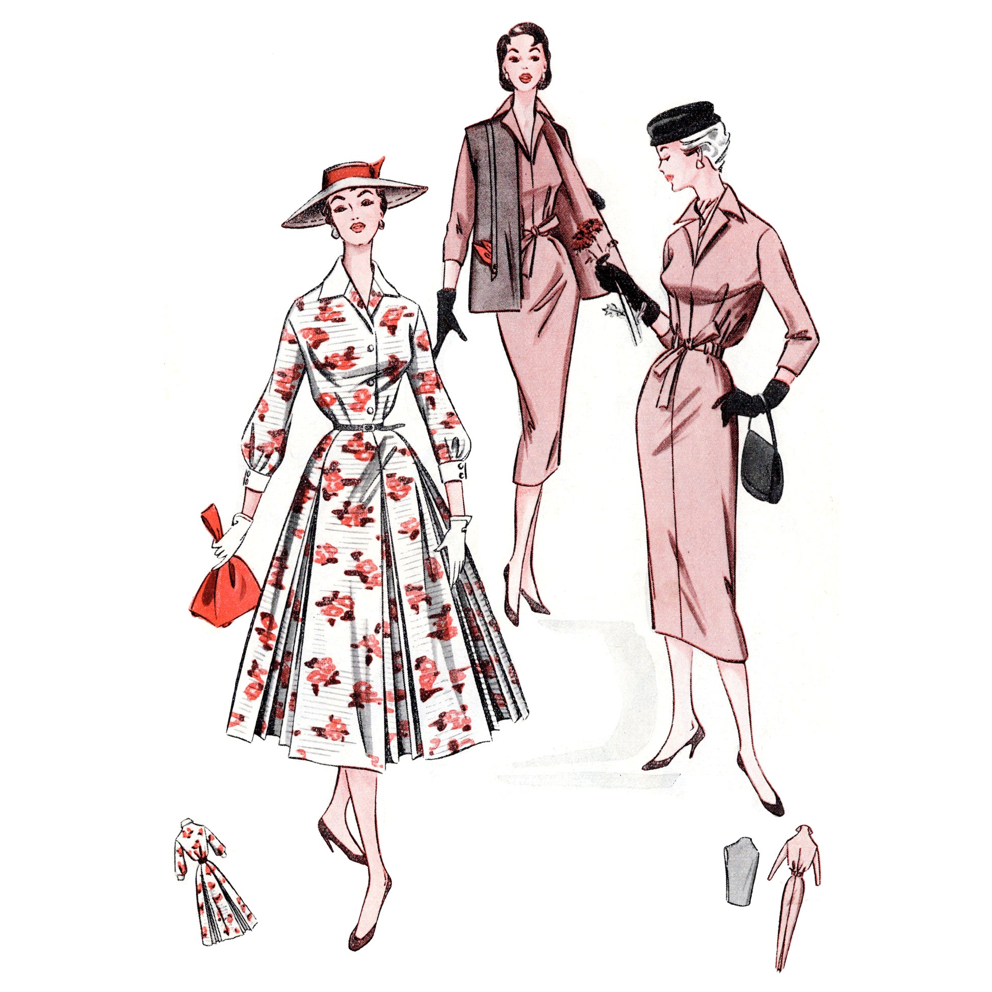 Vintage-style fashion illustration of three women in different outfits on a white background.