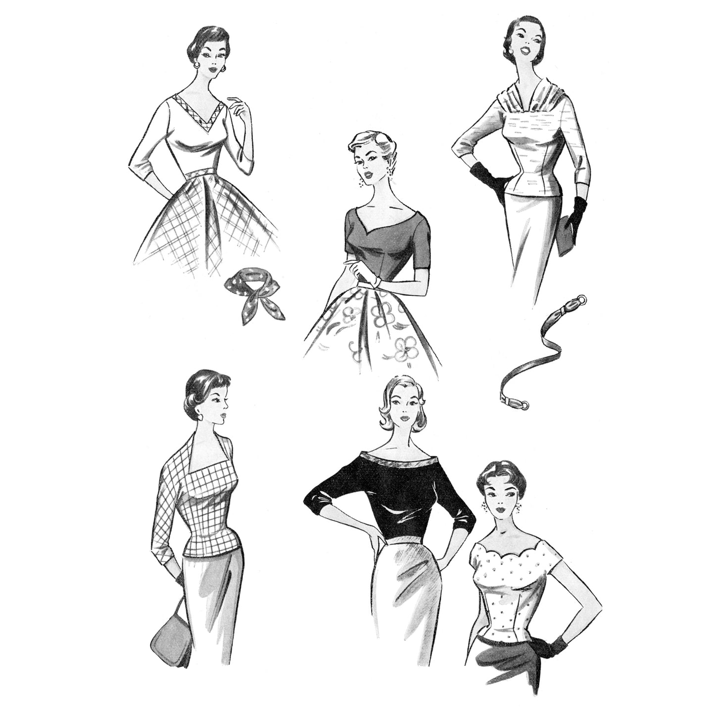 Black and white illustrations of women in vintage-style clothing on a white background