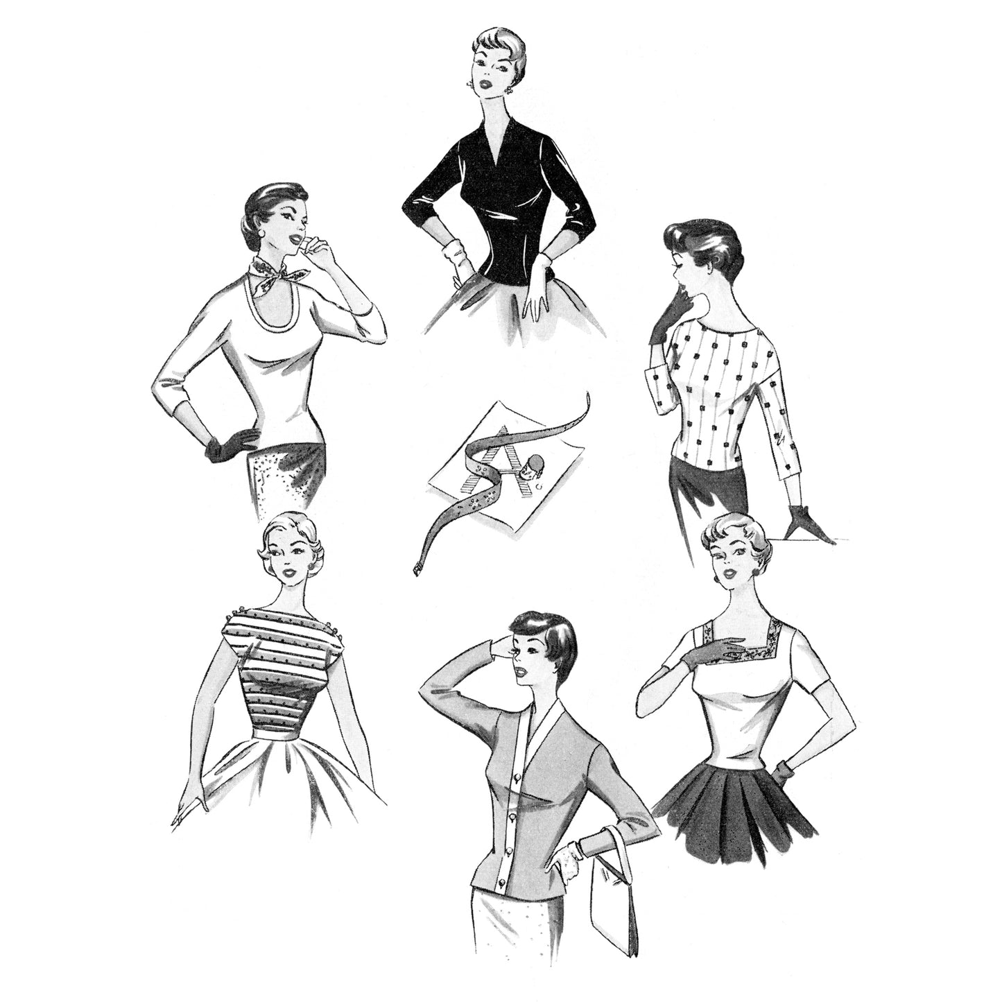 Black and white illustrations of women in various vintage tops on a white background