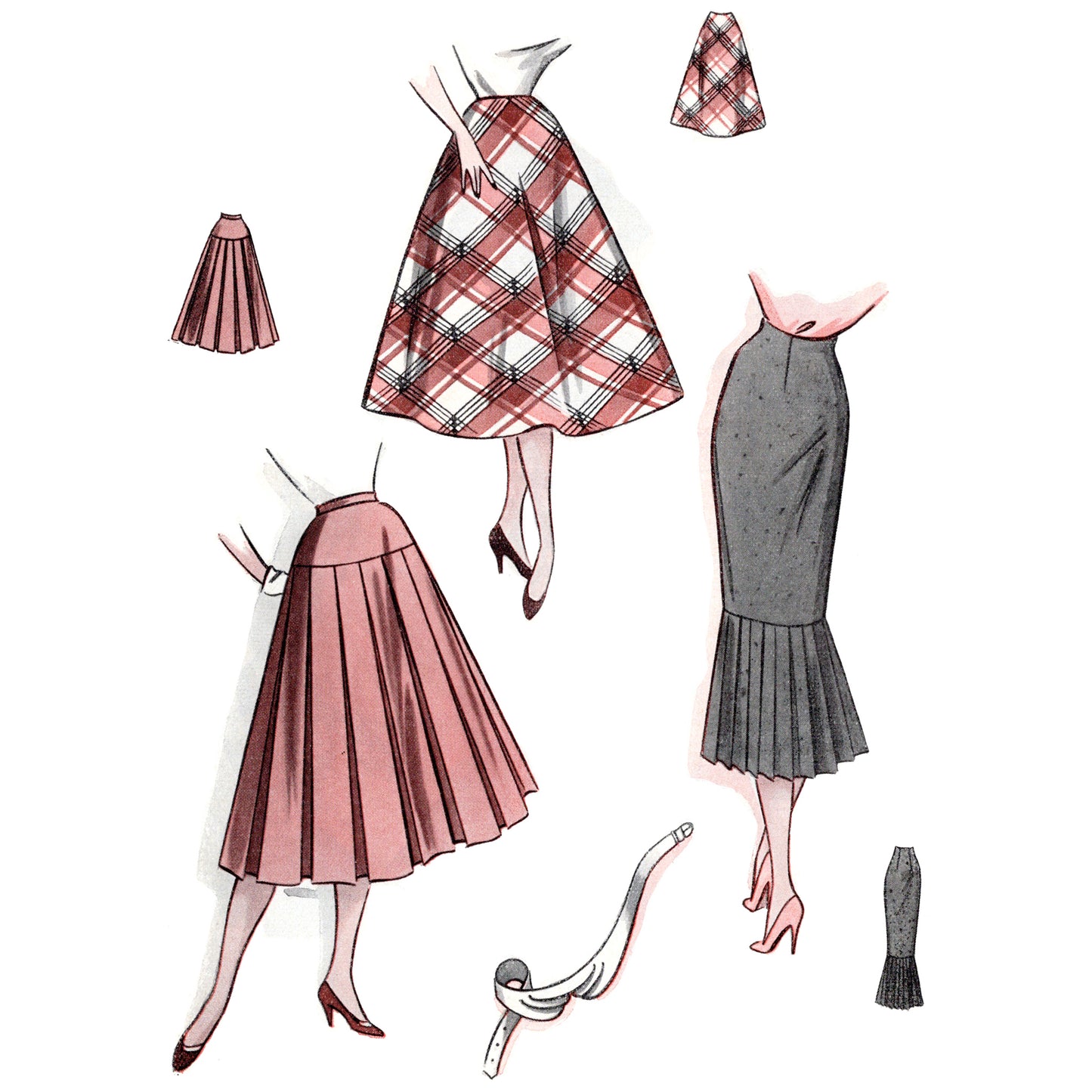 Illustrations of vintage-style skirts with a white background