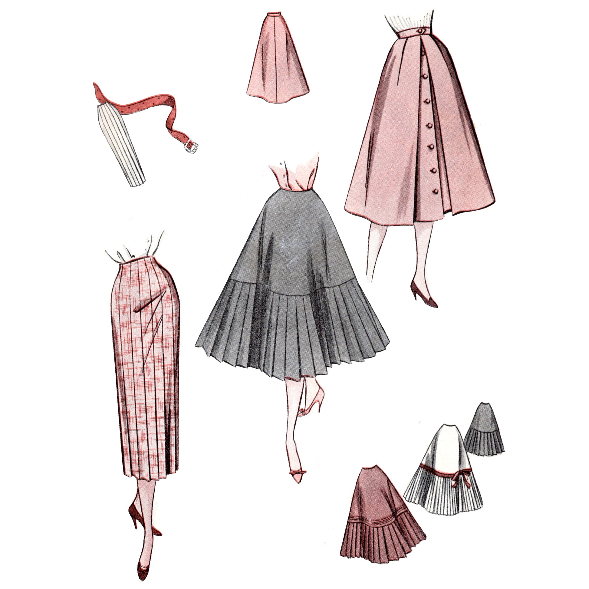 Illustrations of various skirts including a pink plaid skirt, gray pleated skirt, and others on a white background.