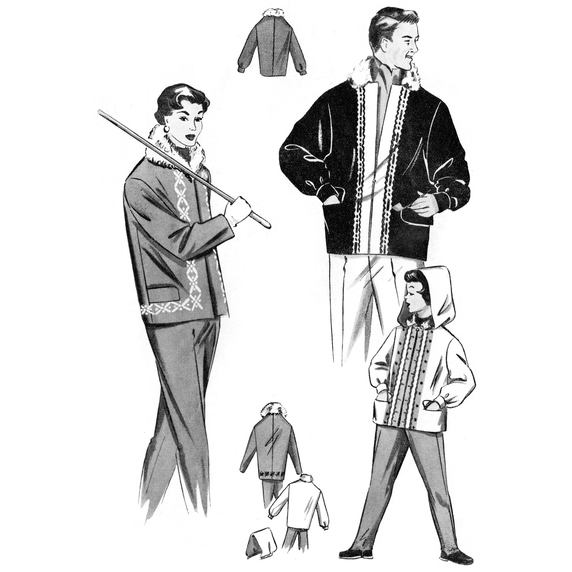 Black and white illustration of vintage clothing patterns with people wearing jackets and pants.