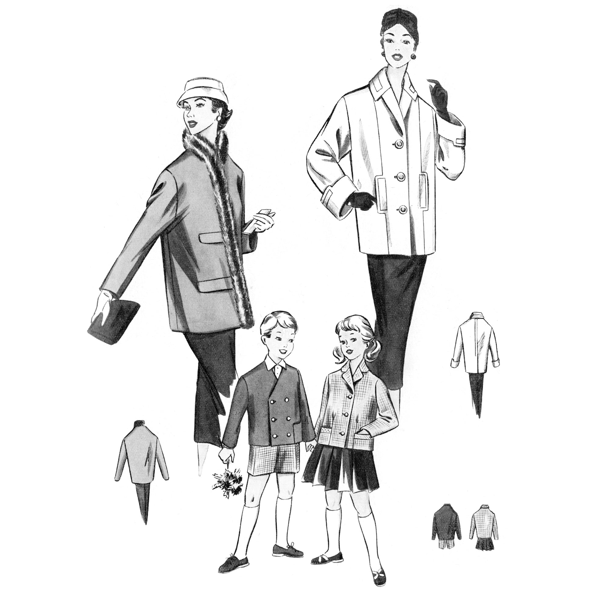 Black and white illustration of people wearing jackets and coats with smaller figures and additional jackets shown.