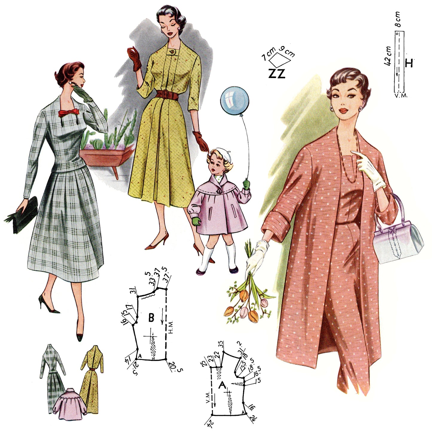 Vintage fashion illustration with women in different outfits and a child, featuring measurements and pattern pieces.