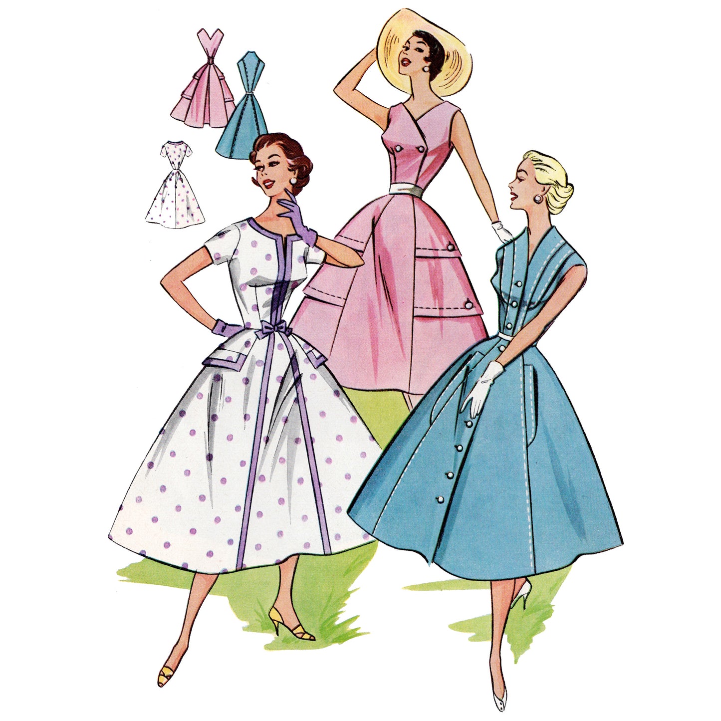 Illustration of three women wearing vintage dresses on a white background