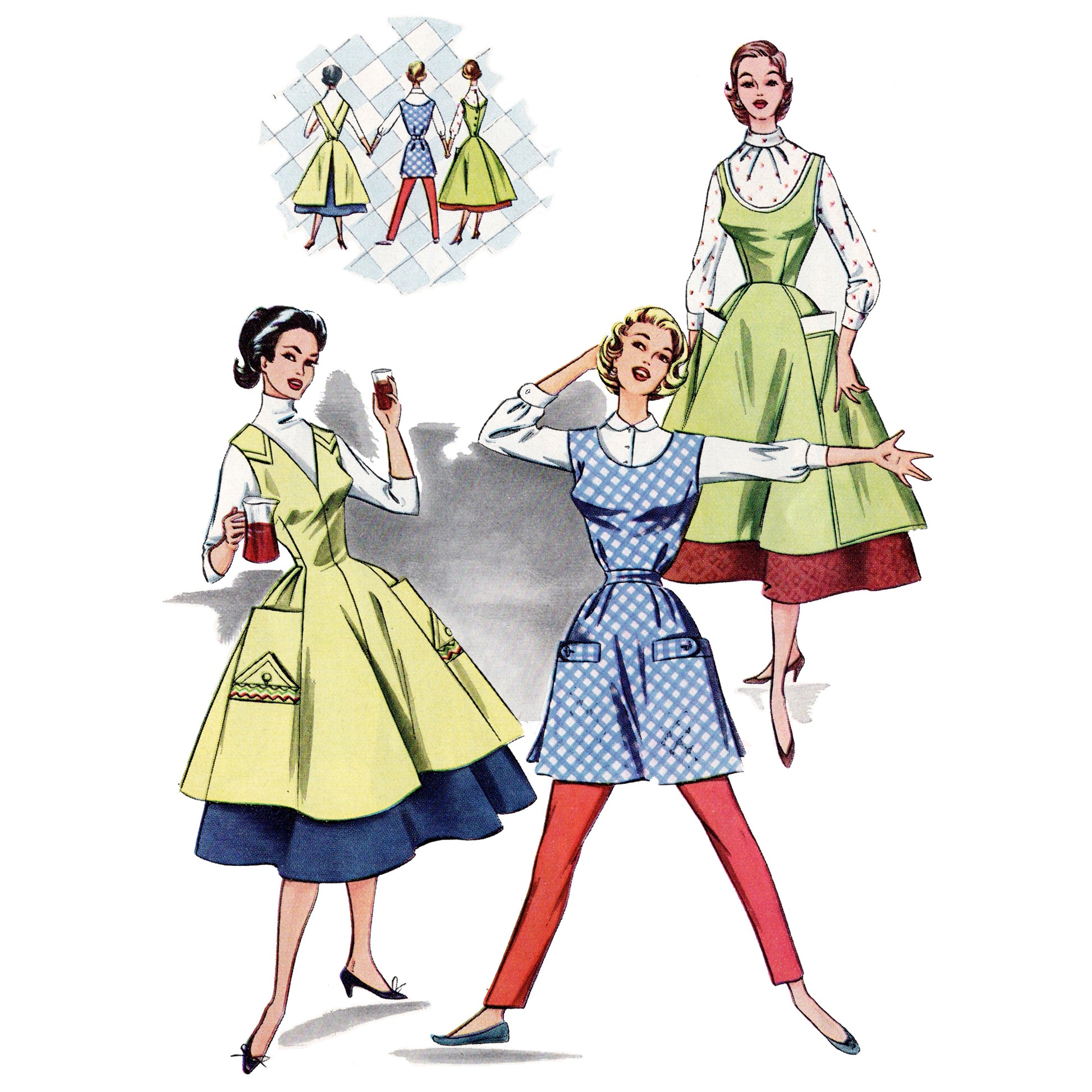 Illustration of three women wearing vintage aprons with a small inset showing back views of the apron designs.