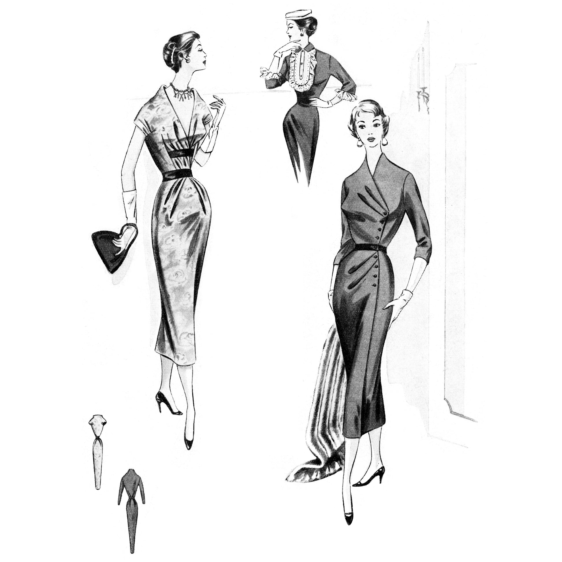 Vintage black and white illustration of dress designs with three women wearing the garments.