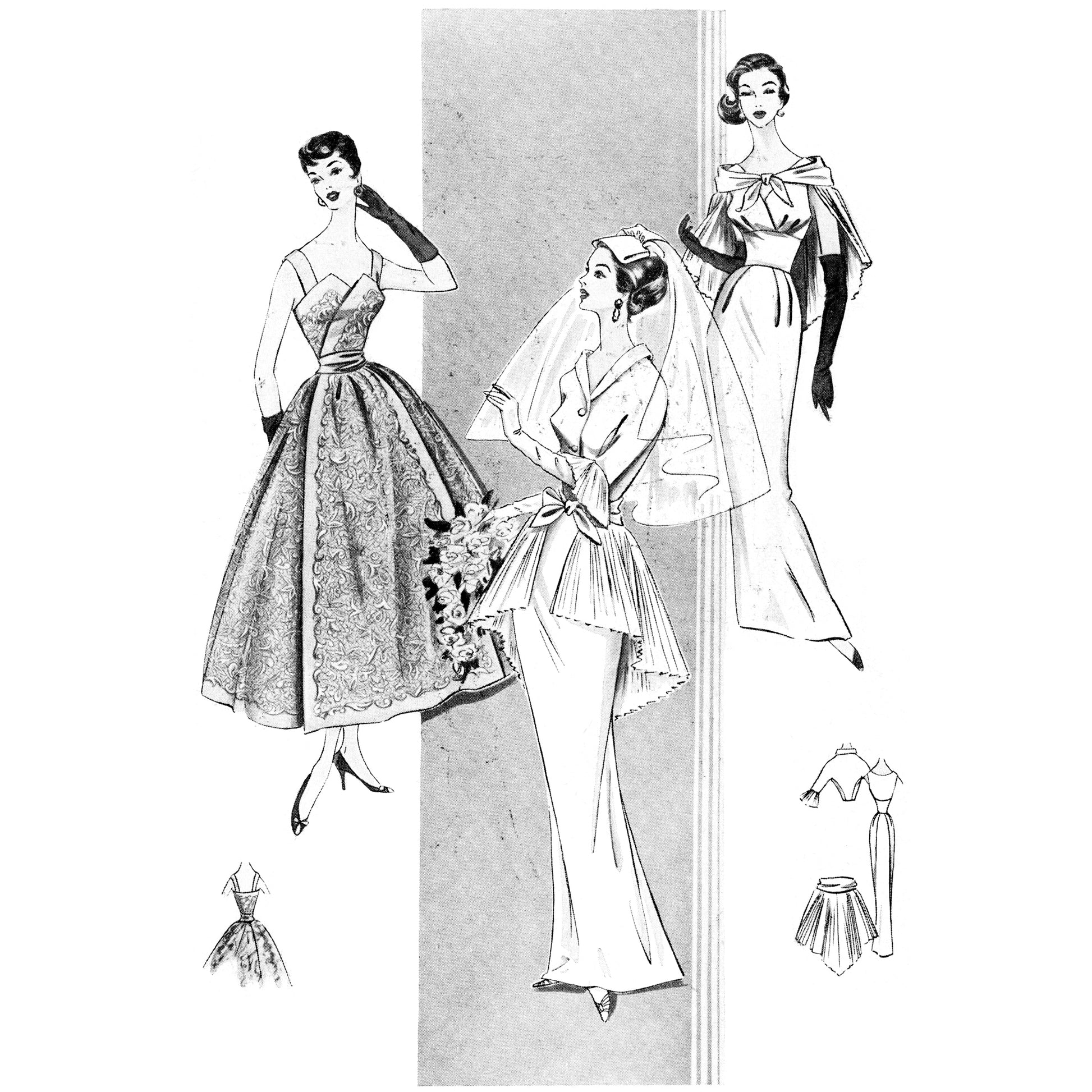 Vintage fashion illustration of three women in wedding attire