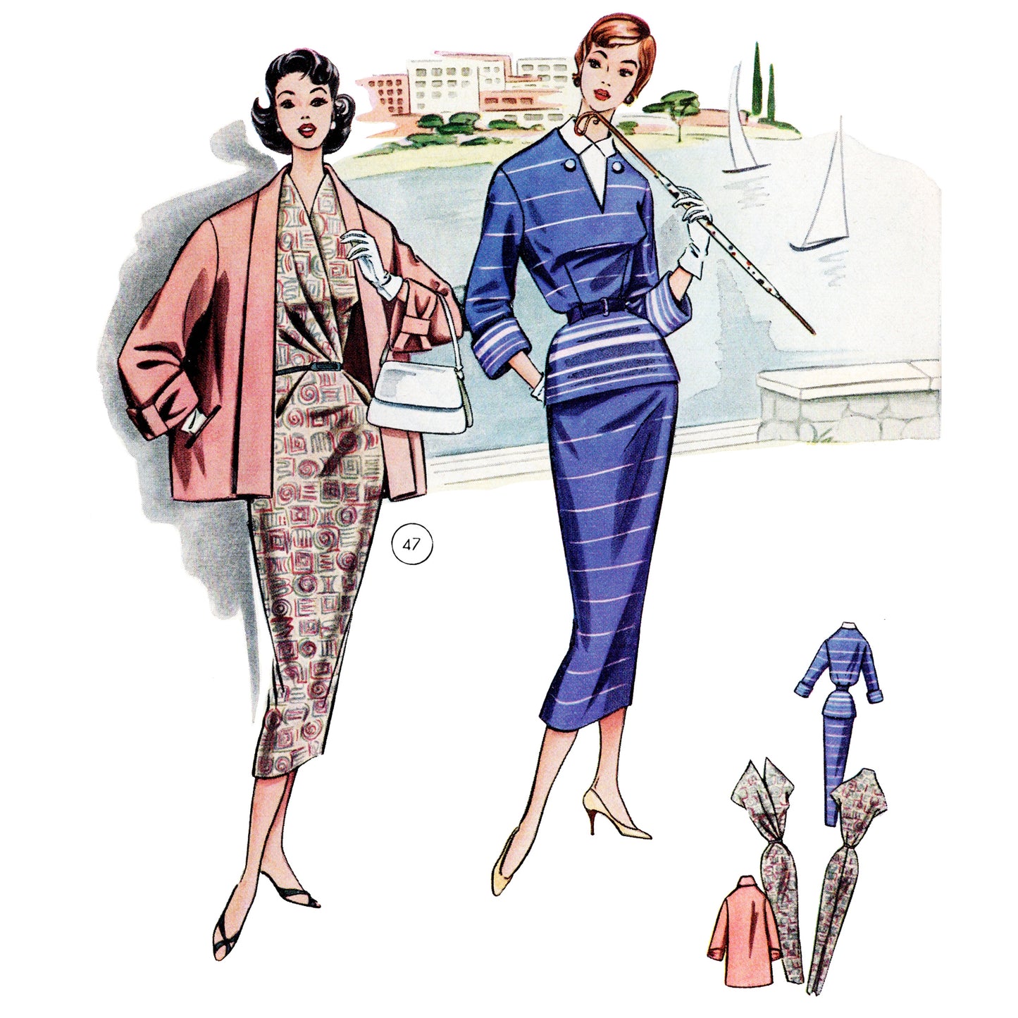 Vintage fashion illustration of two women in suits with a cityscape background
