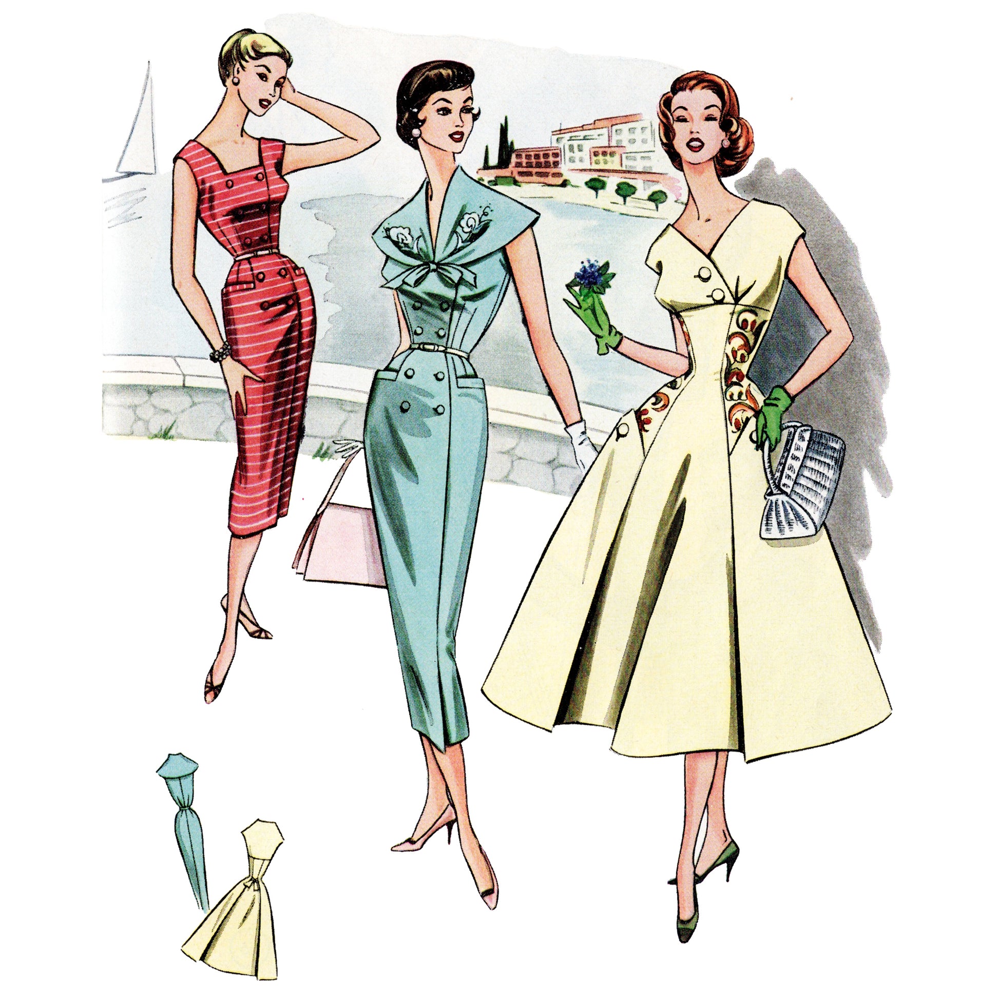 Illustration of three women in vintage dresses with a cityscape background