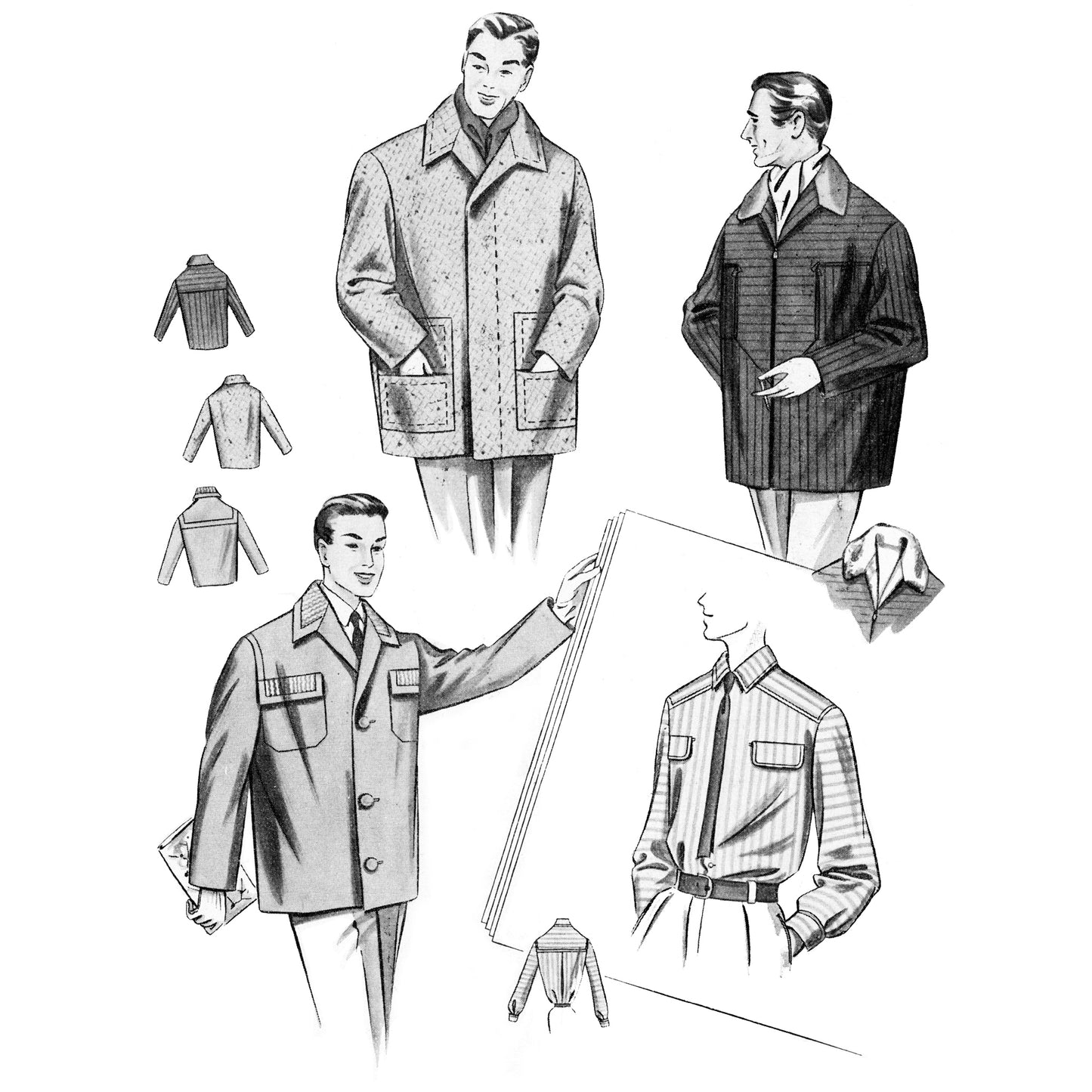 Illustrations of men's jackets and shirts with a focus on design details.